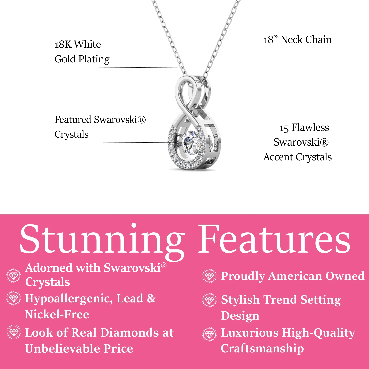 Martha 18k White Gold Plated Infinity Dancing Pendant Necklace with Swarovski Crystals