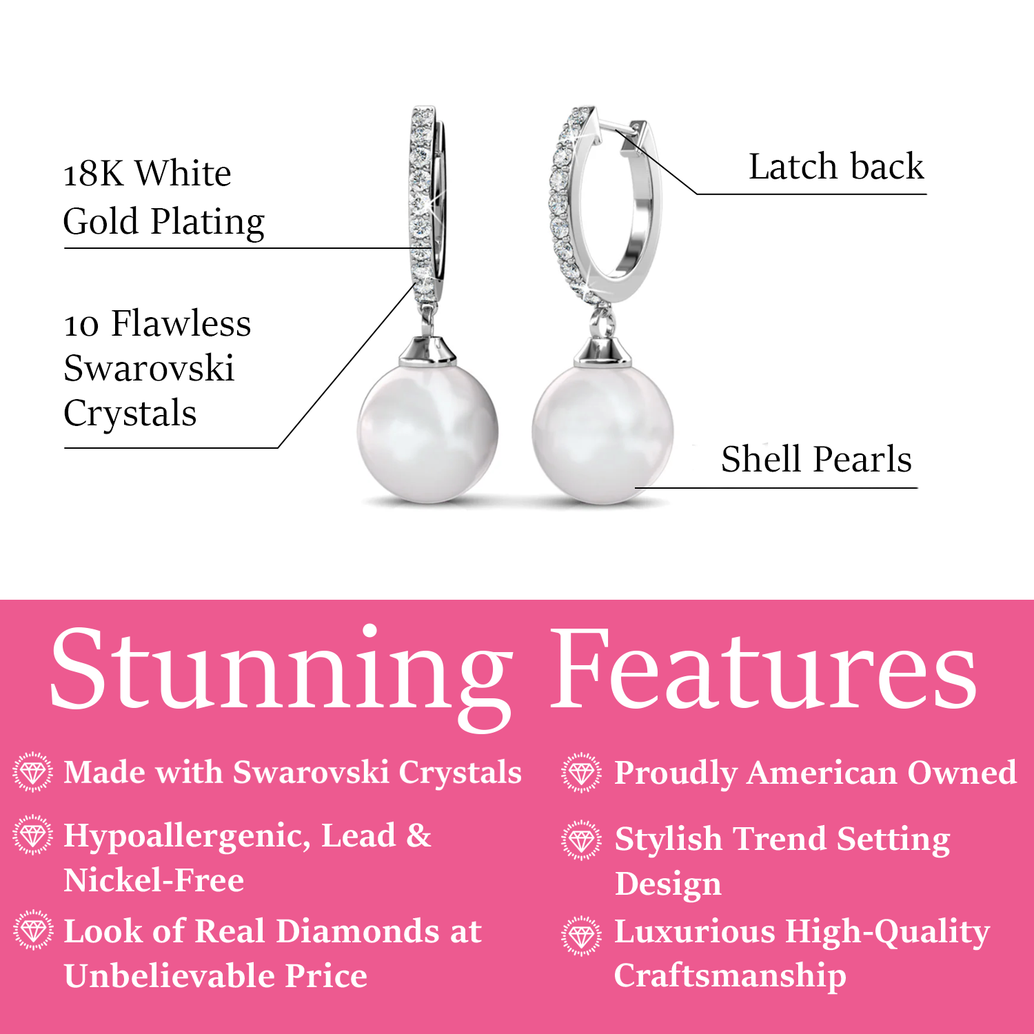 Daphne 18K White Gold Plated Pearl Drop Earrings with Swarovski Crystals