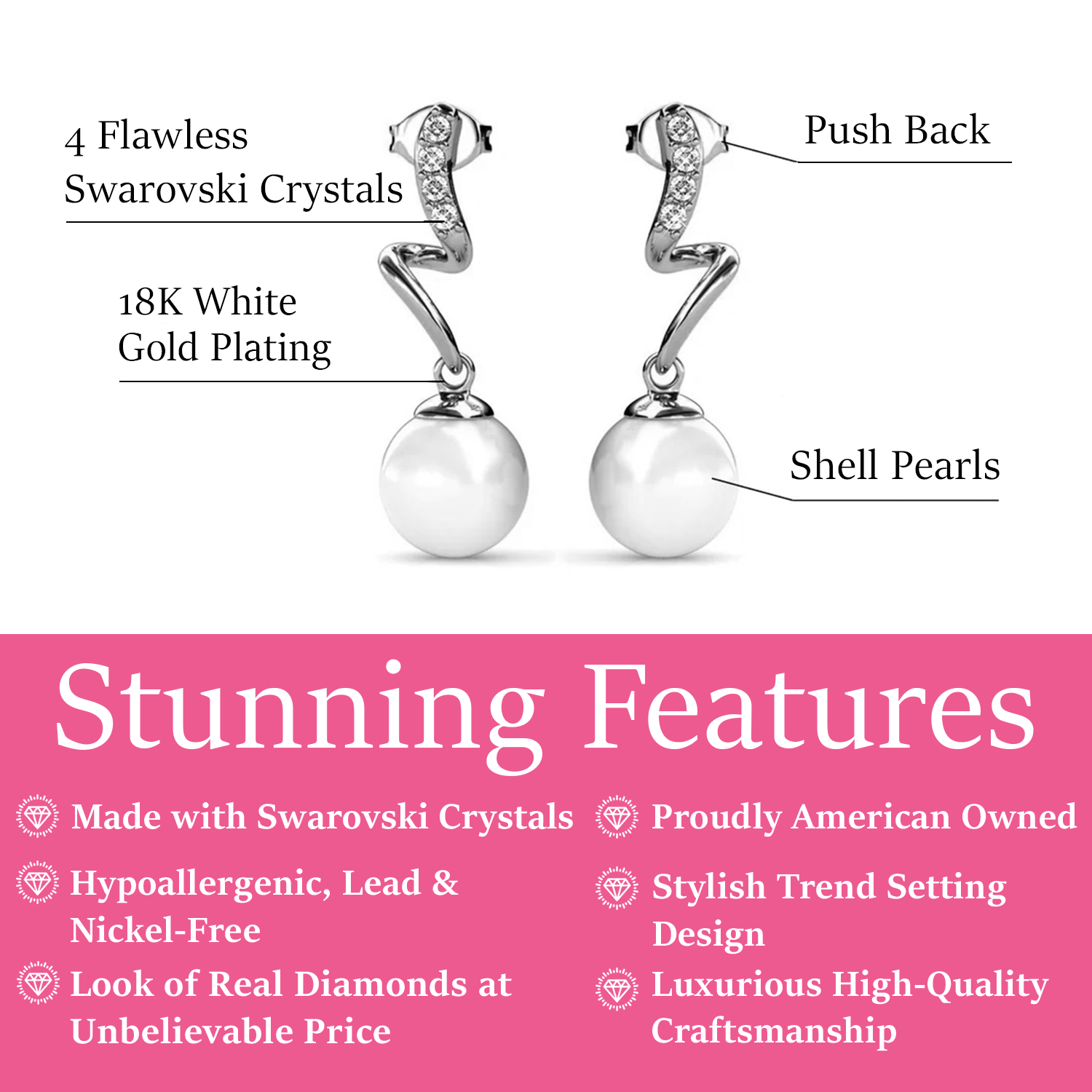 Ophelia 18k White Gold Plated Drop Pearl Earrings with Swarovski Crystals