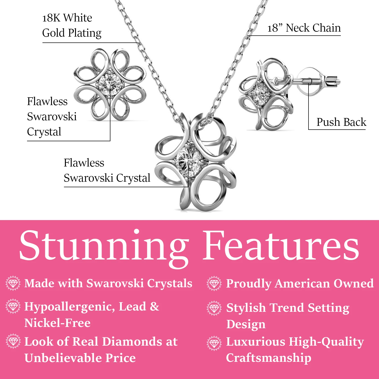 Alexis 18k White Gold Plated Flower Earring and Necklace Set with Swarovski Crystals