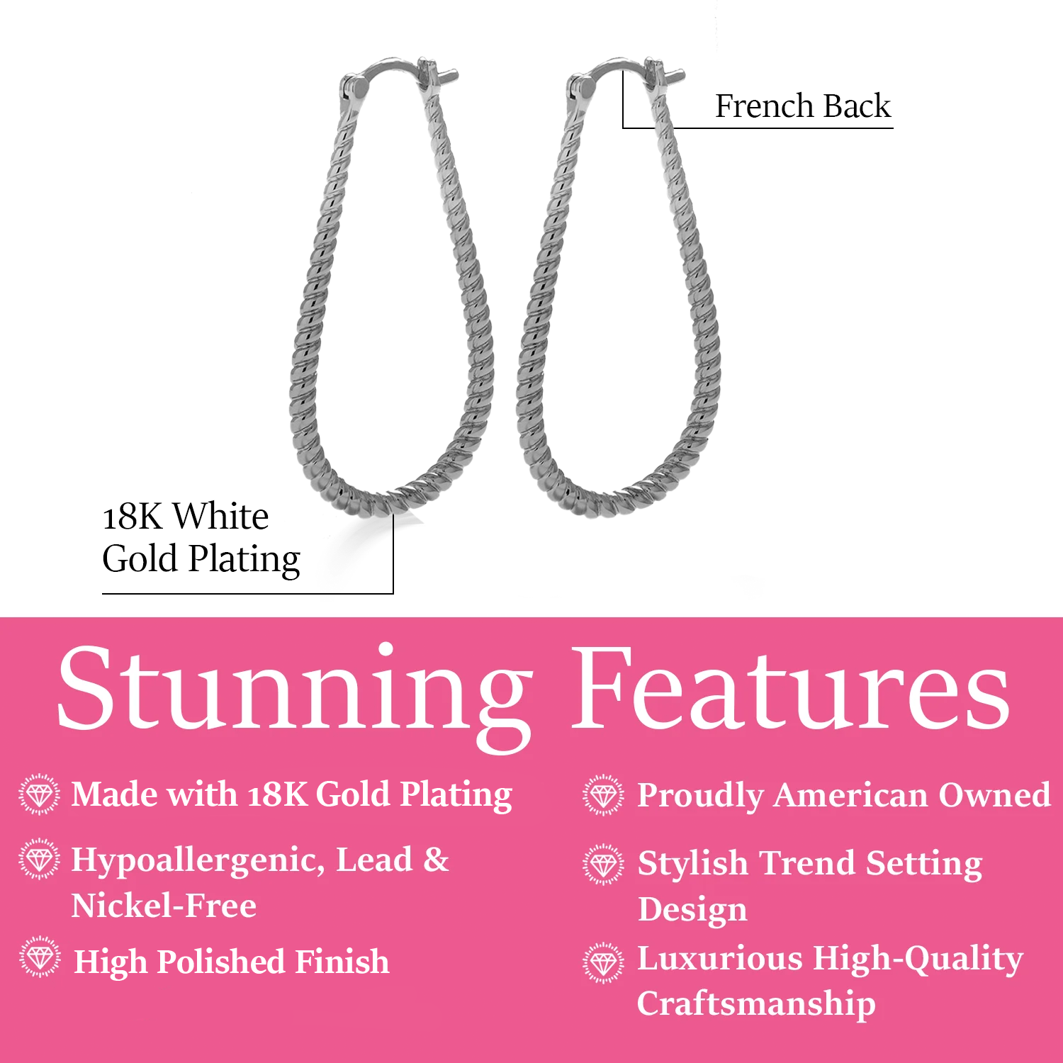 Angelica 18k White Gold Plated 24mm Twisted U-Shaped Hoop Earrings