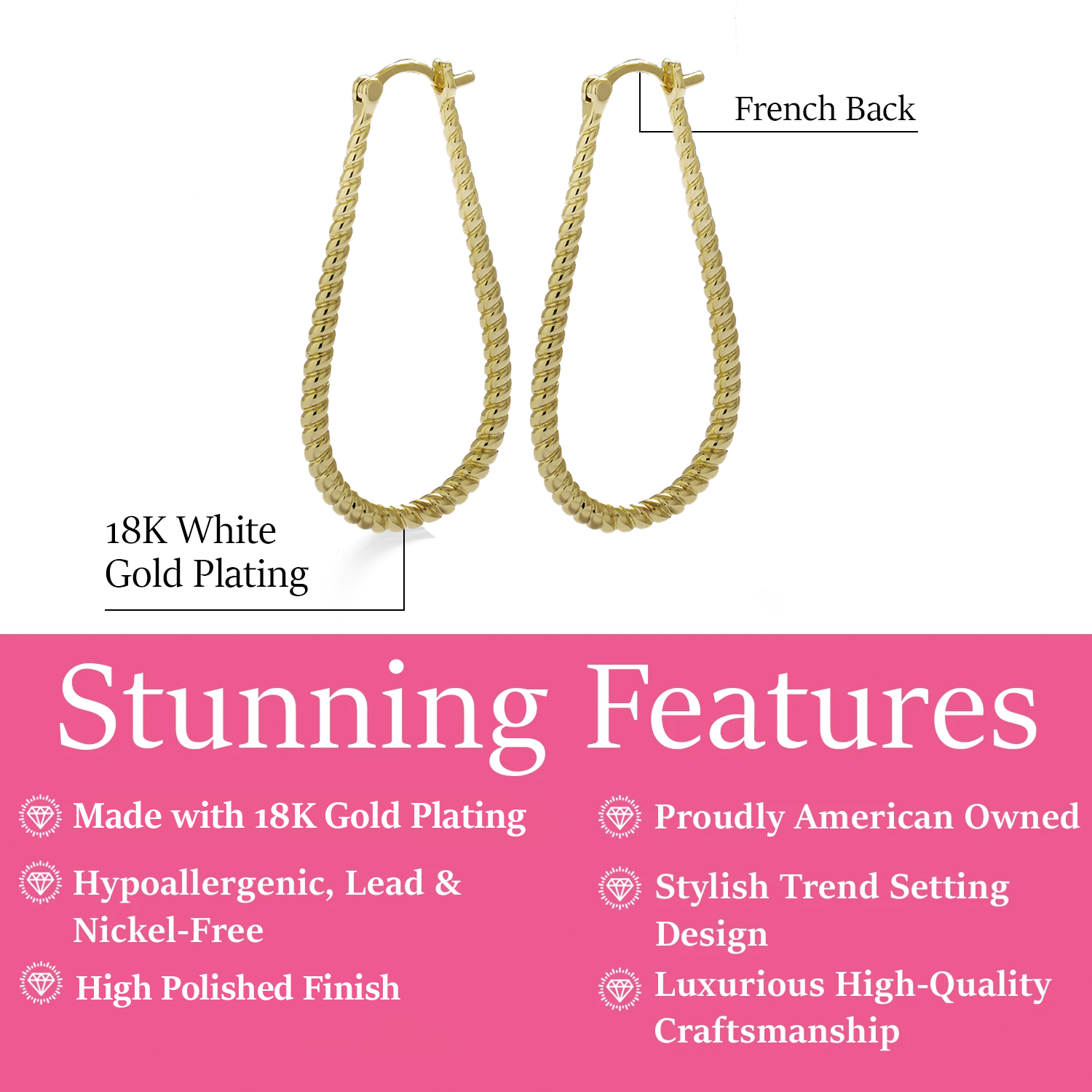 Angelica 18k White Gold Plated 24mm Twisted U-Shaped Hoop Earrings