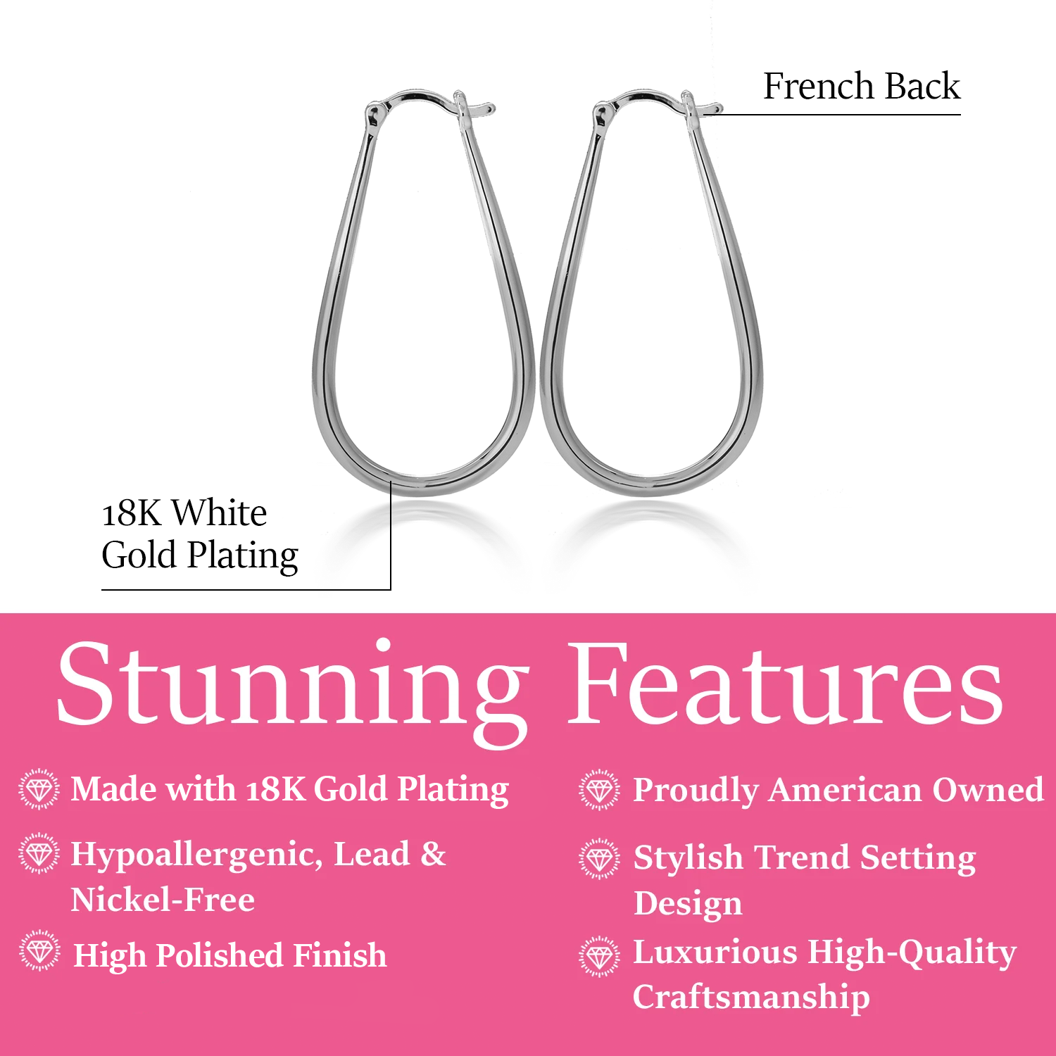 Beatrice 18k White Gold Plated 24mm U-Shaped Hoop Earrings