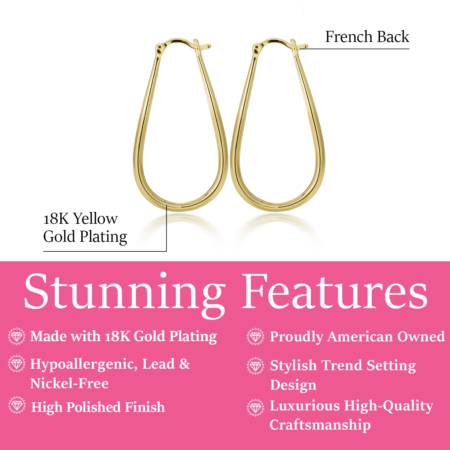 Beatrice 18k White Gold Plated 24mm U-Shaped Hoop Earrings
