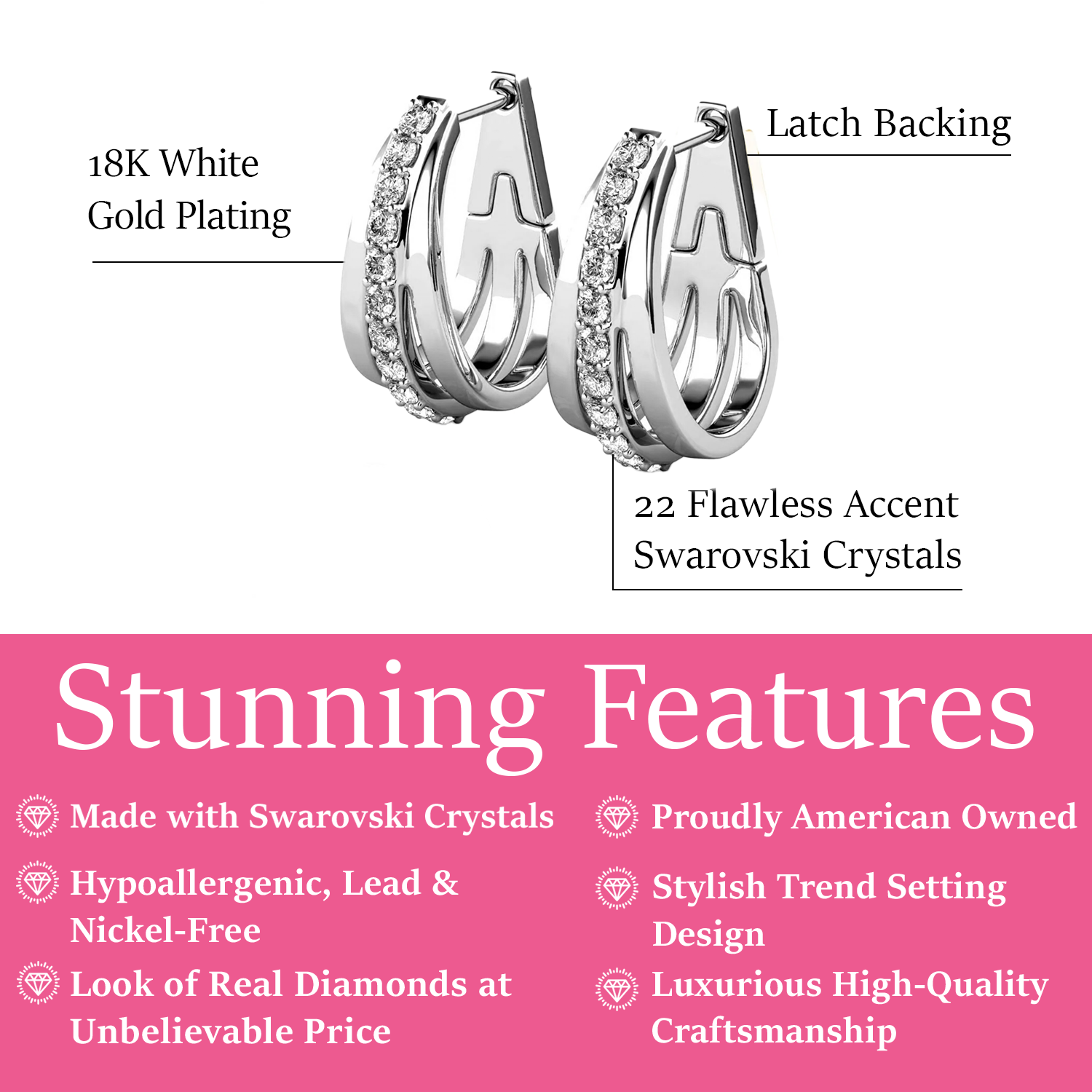 Bella 18k White Gold Plated 17mm Hoop Earrings with Swarovski Crystals