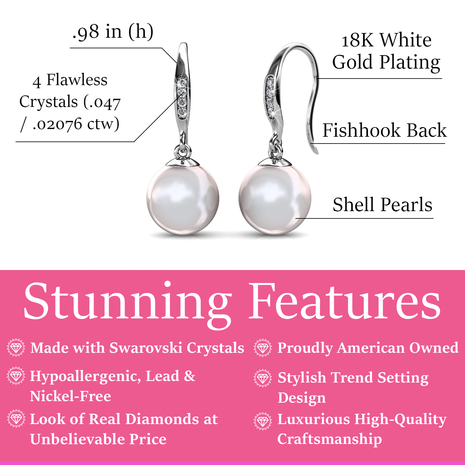 Betty 18k White Gold Plated Freshwater Pearl Drop Dangle Earrings with Swarovski Crystals