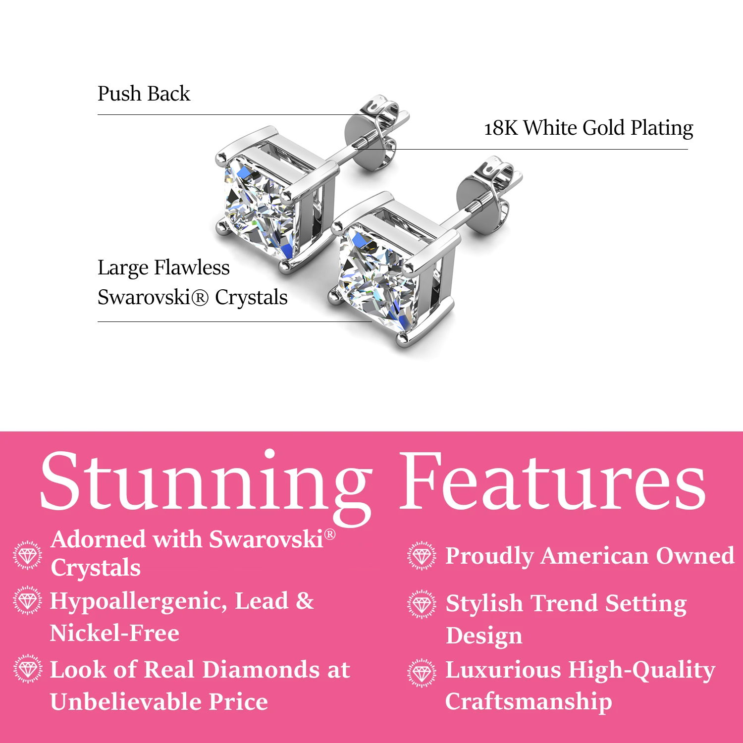 Brooke 18k White Gold Plated Stud Earrings with Princess Cut Swarovski® Crystals