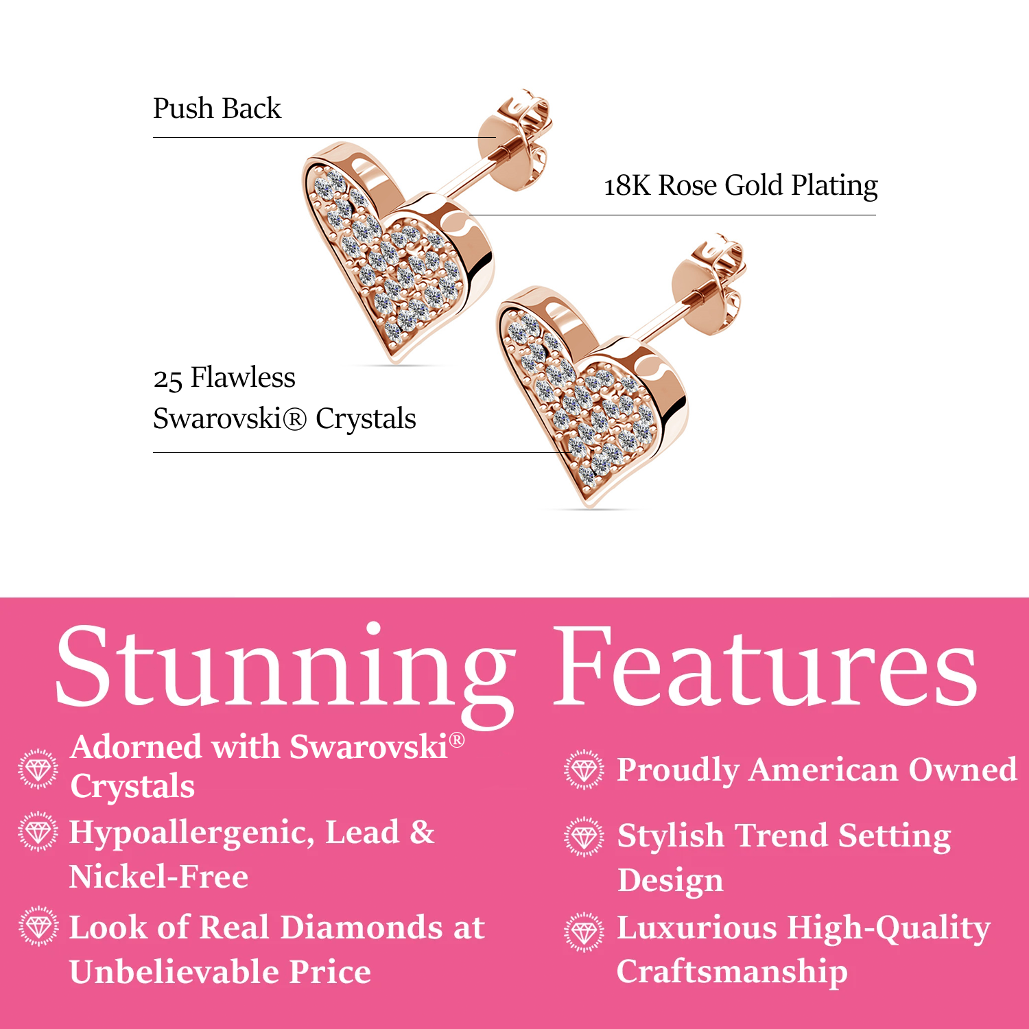 Cecilia 18k White Gold Plated Silver Heart Stud Earrings with Swarovski Crystals