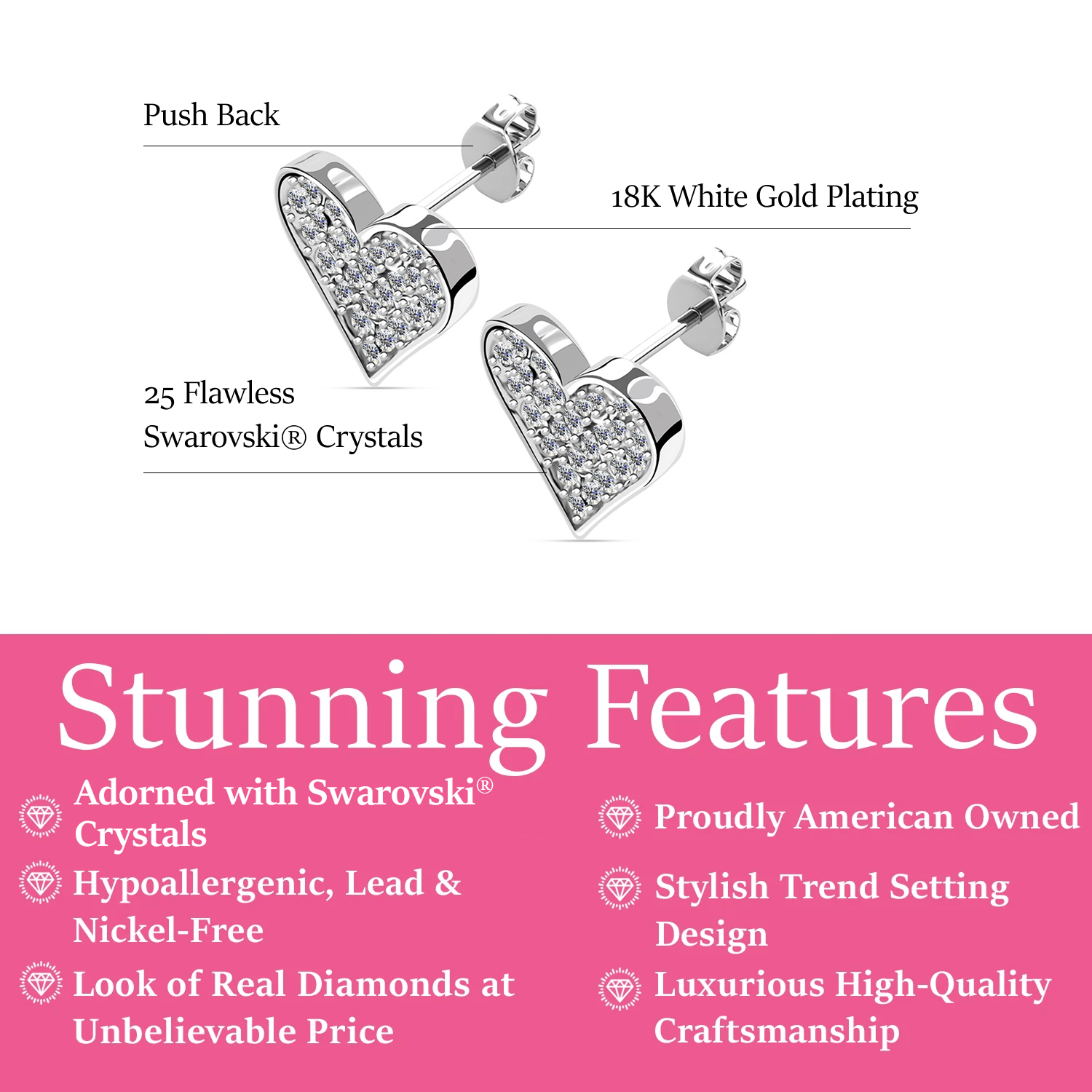 Cecilia 18k White Gold Plated Silver Heart Stud Earrings with Swarovski Crystals