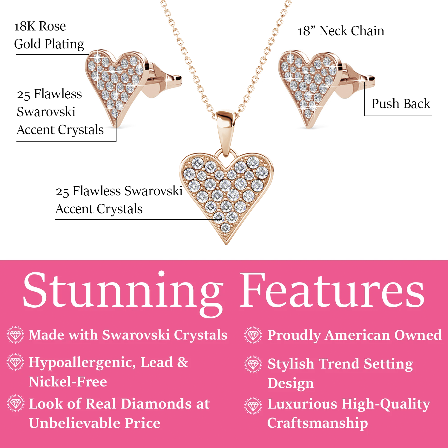 Cecilia 18k White Gold Heart Necklace and Stud Earrings Jewelry Set with Crystals