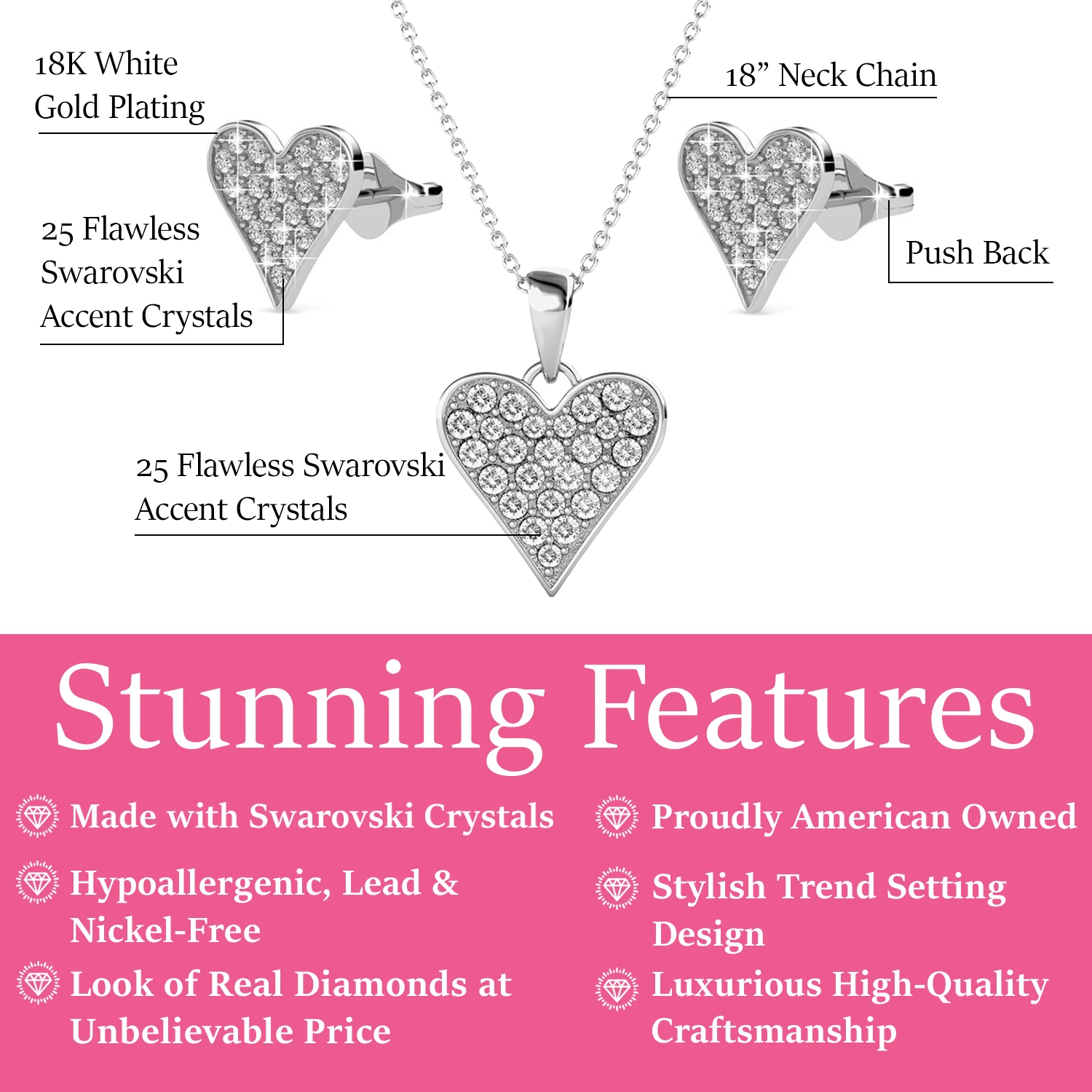 Cecilia 18k White Gold Heart Necklace and Stud Earrings Jewelry Set with Crystals