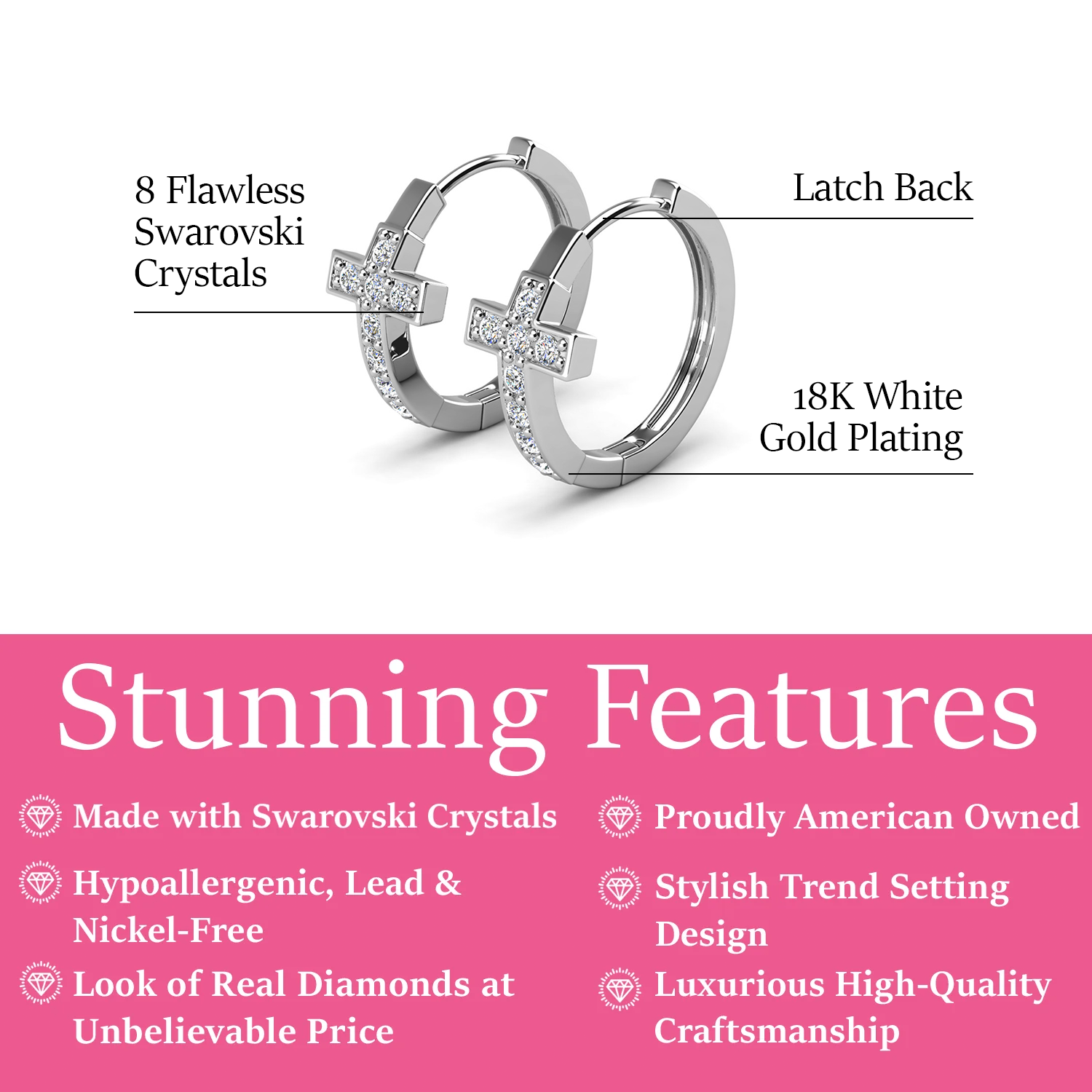 Danielle 18k White Gold Plated 18mm Hoop Cross Earrings with Swarovski Crystals
