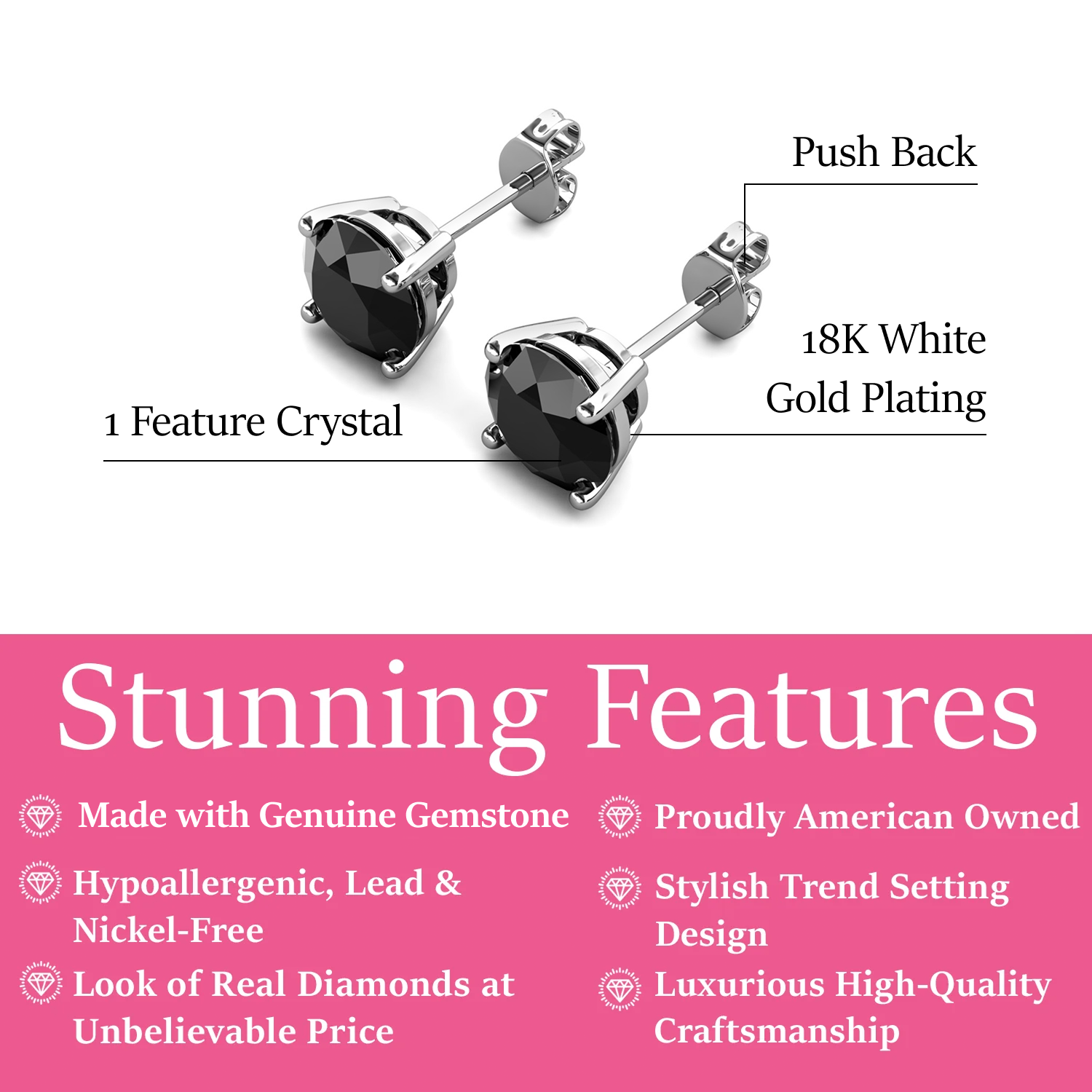 Dina 18k White Gold Plated Stud Earrings with Black Gemstone