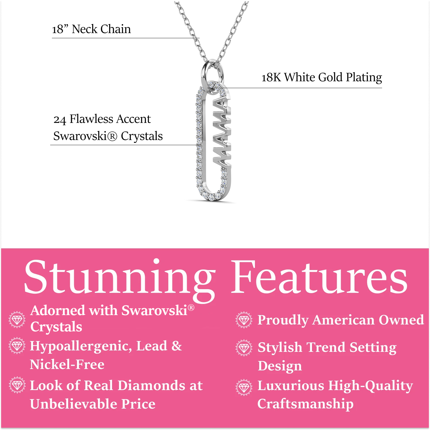 Elaine 18k White Gold Plated Mama Pendant Necklace with Simulated Diamond Crystals