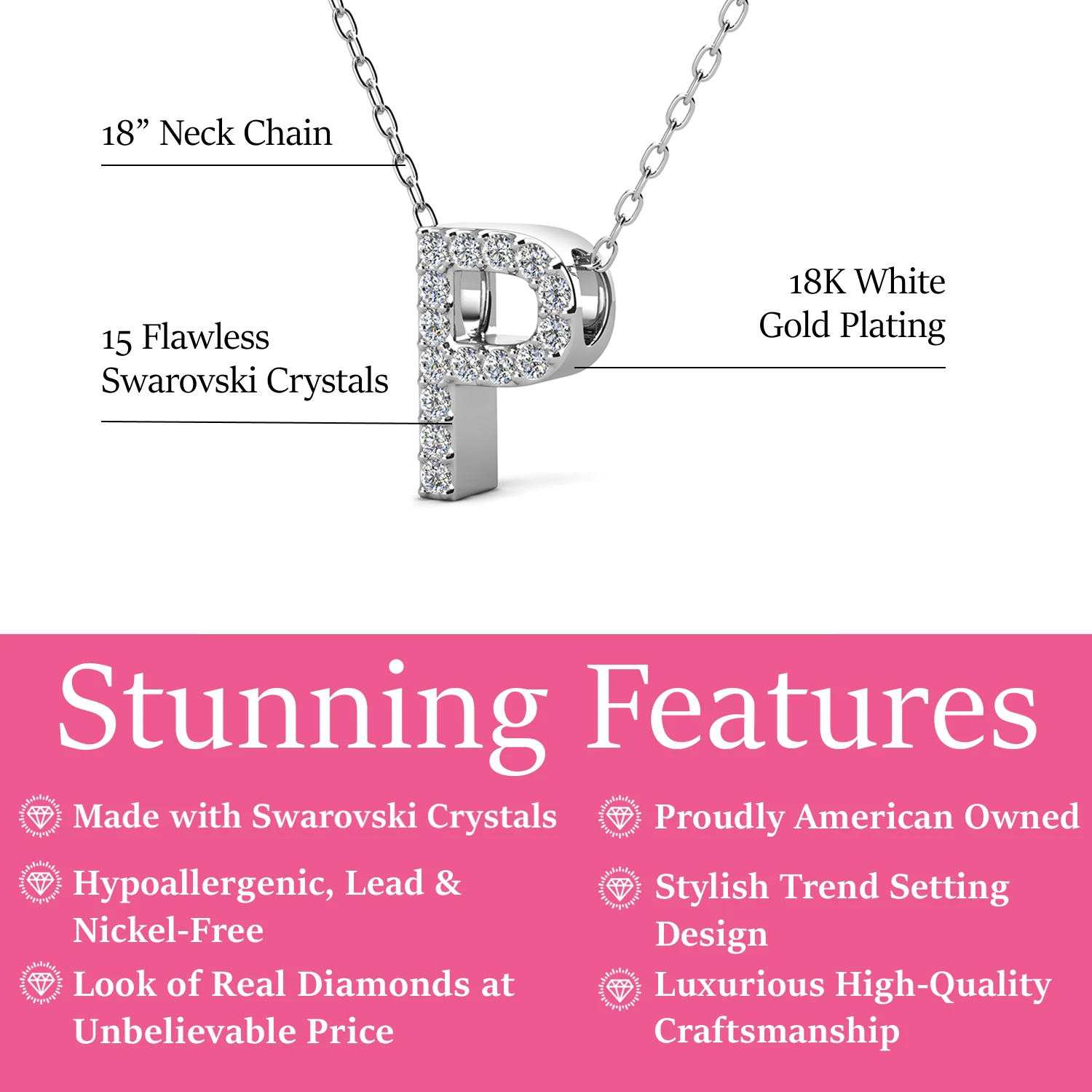 Ethereal Collection 18k White Gold Plated Initial Letter Pendant Necklace with Swarovski Crystals