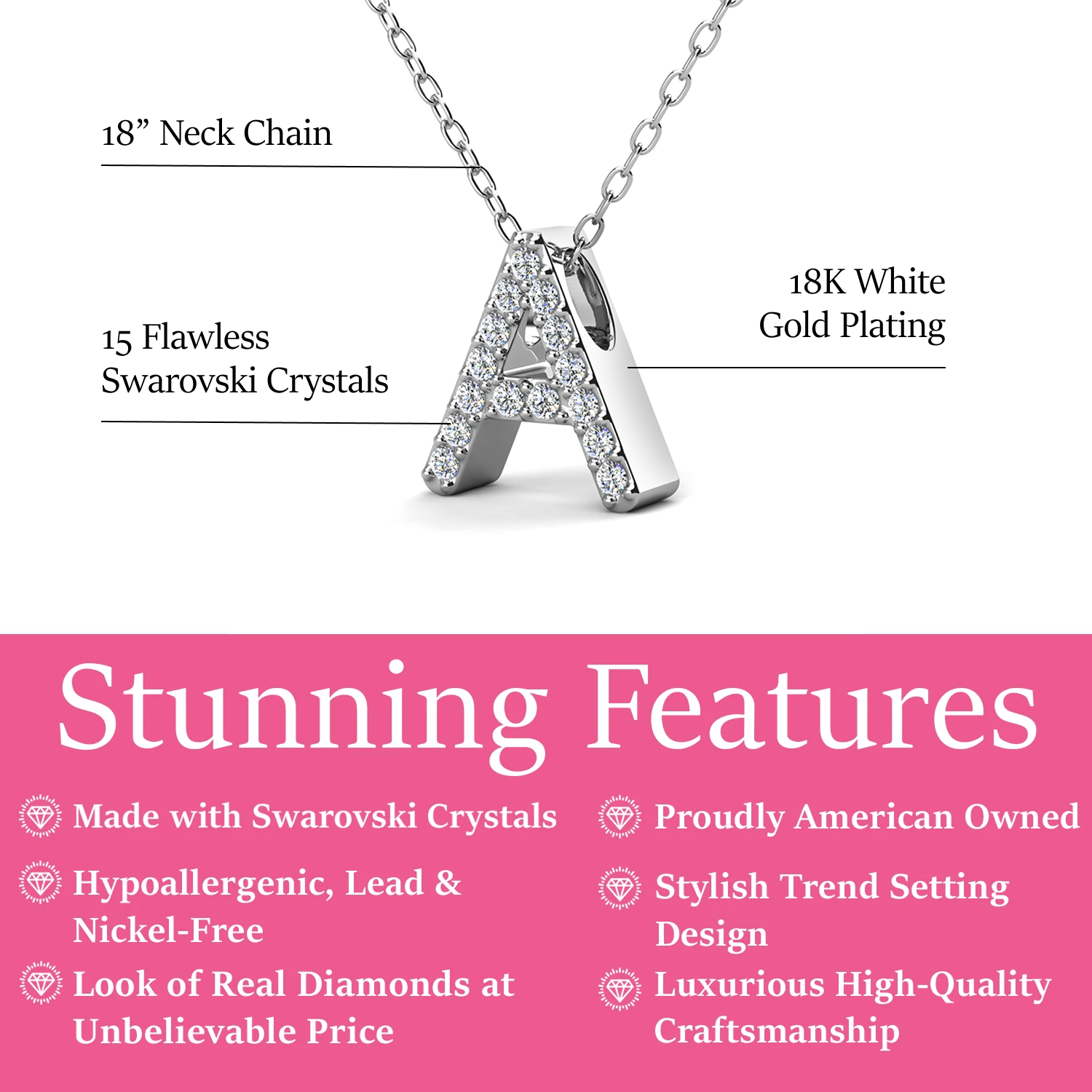 Ethereal Collection 18k White Gold Plated Initial Letter Pendant Necklace with Swarovski Crystals