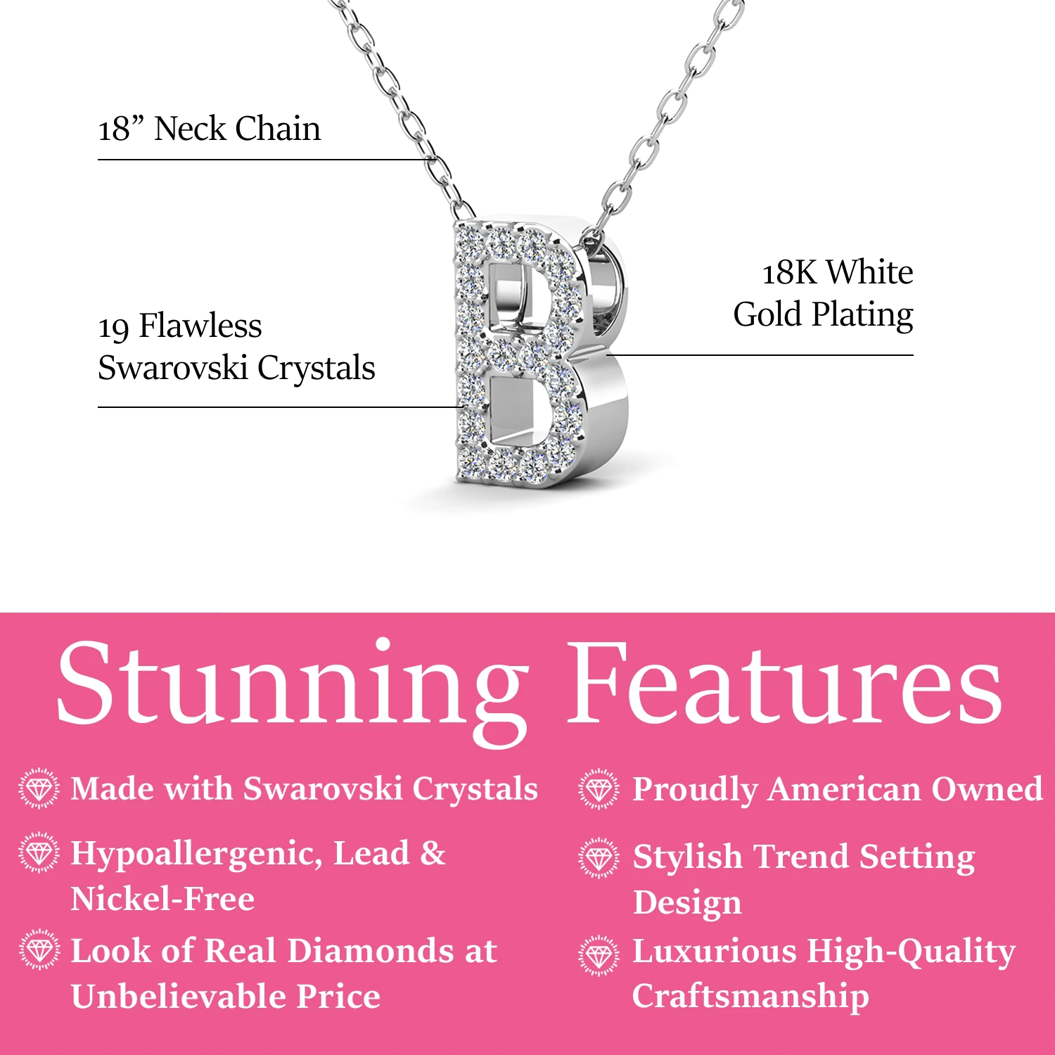 Ethereal Collection 18k White Gold Plated Initial Letter Pendant Necklace with Swarovski Crystals