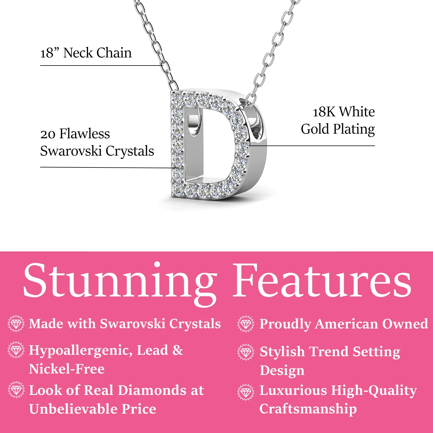 Ethereal Collection 18k White Gold Plated Initial Letter Pendant Necklace with Swarovski Crystals