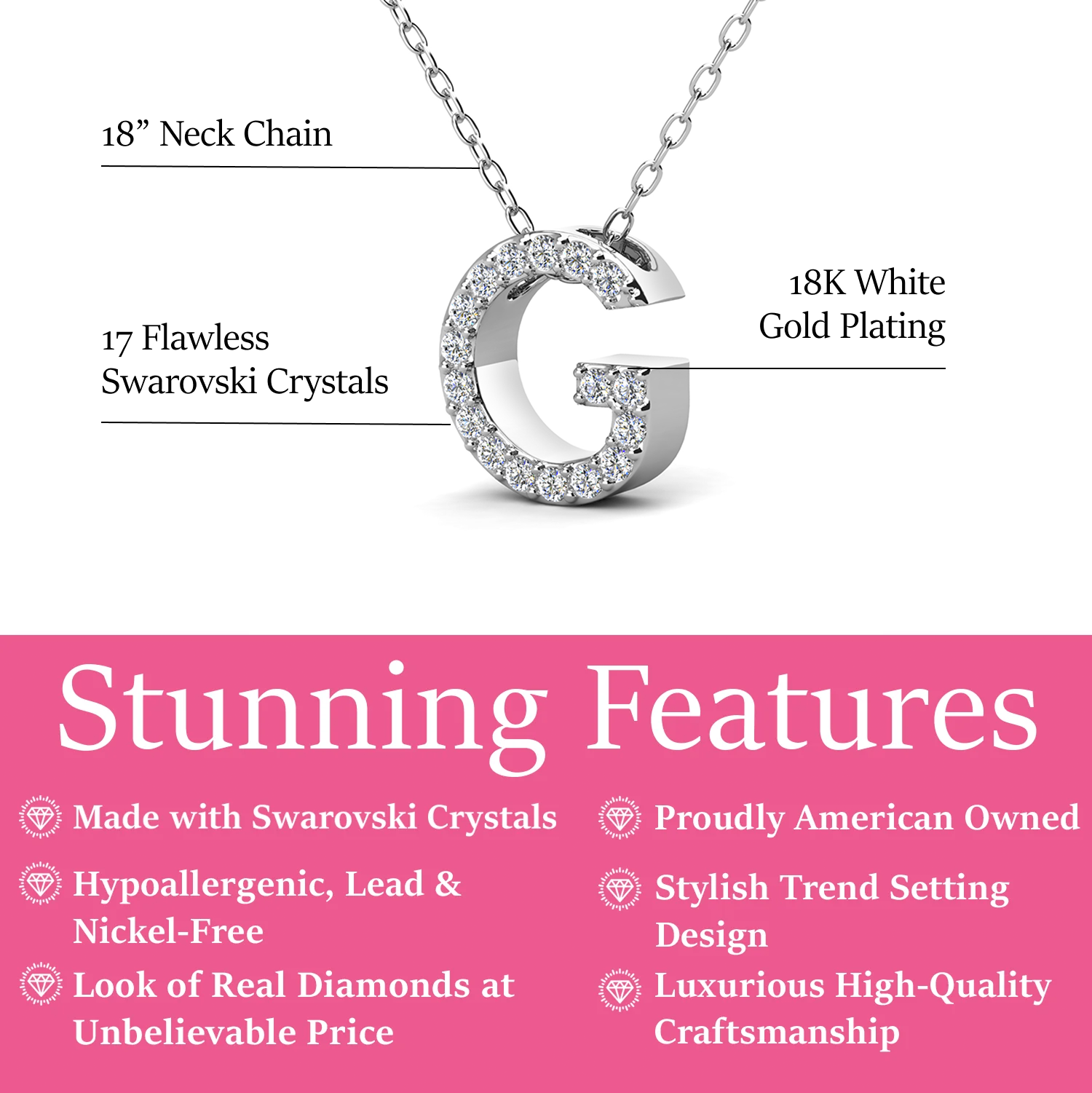 Ethereal Collection 18k White Gold Plated Initial Letter Pendant Necklace with Swarovski Crystals