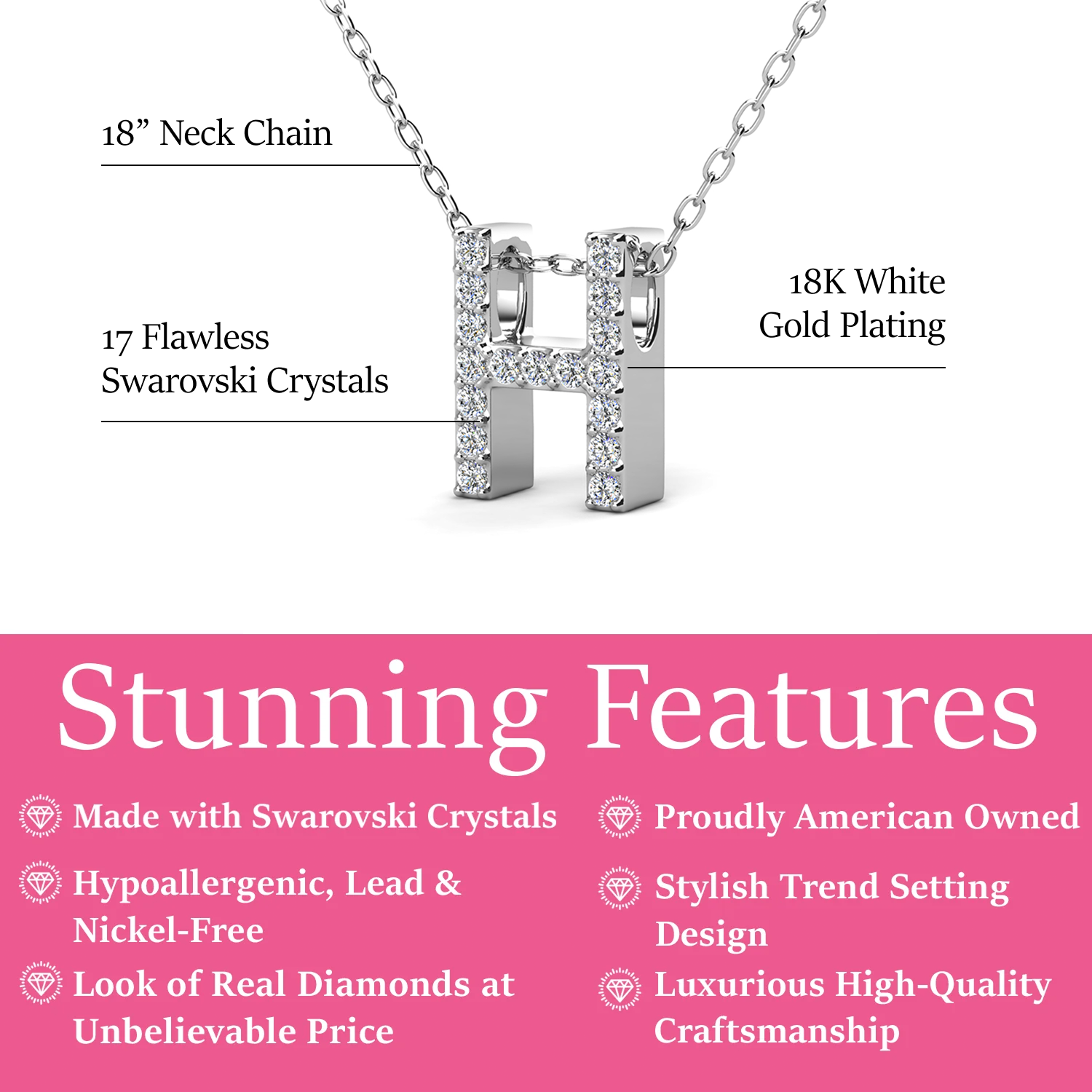 Ethereal Collection 18k White Gold Plated Initial Letter Pendant Necklace with Swarovski Crystals