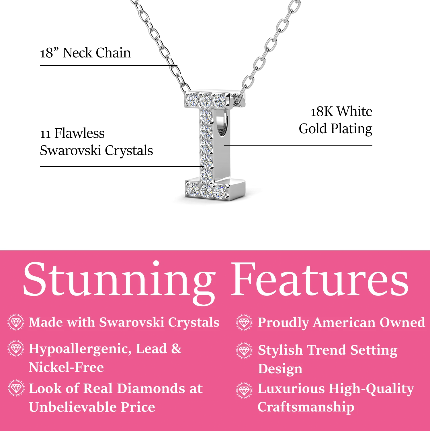 Ethereal Collection 18k White Gold Plated Initial Letter Pendant Necklace with Swarovski Crystals
