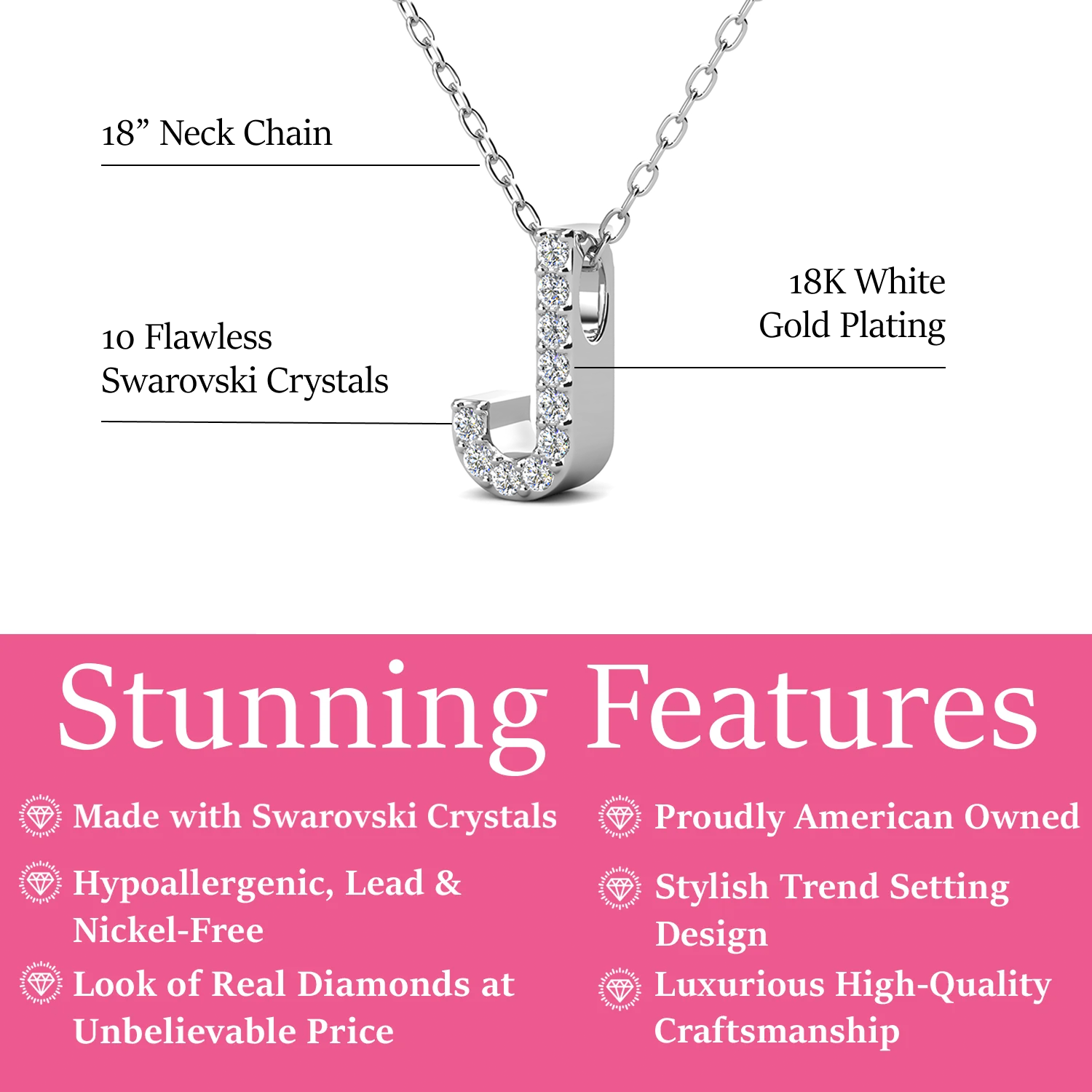 Ethereal Collection 18k White Gold Plated Initial Letter Pendant Necklace with Swarovski Crystals