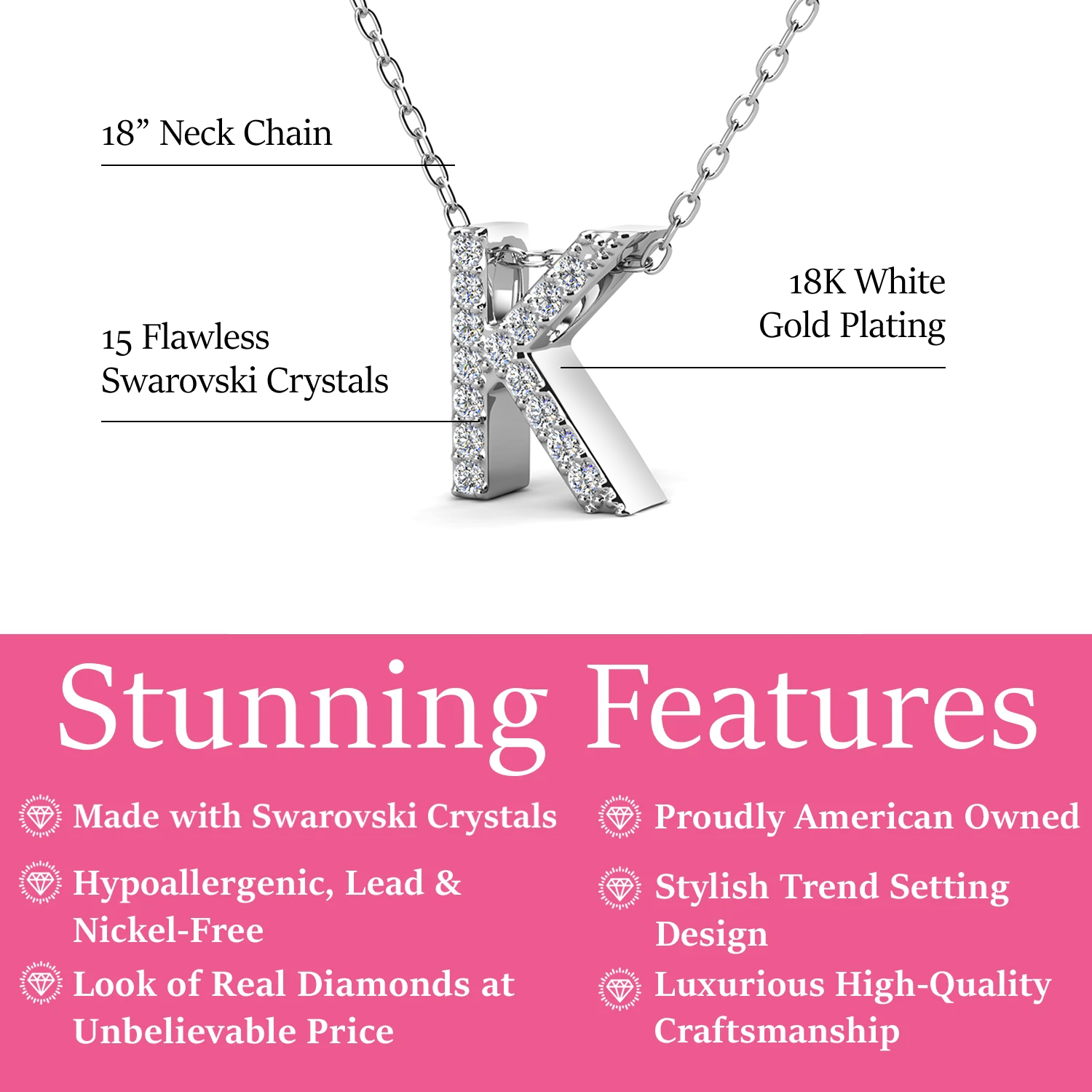 Ethereal Collection 18k White Gold Plated Initial Letter Pendant Necklace with Swarovski Crystals