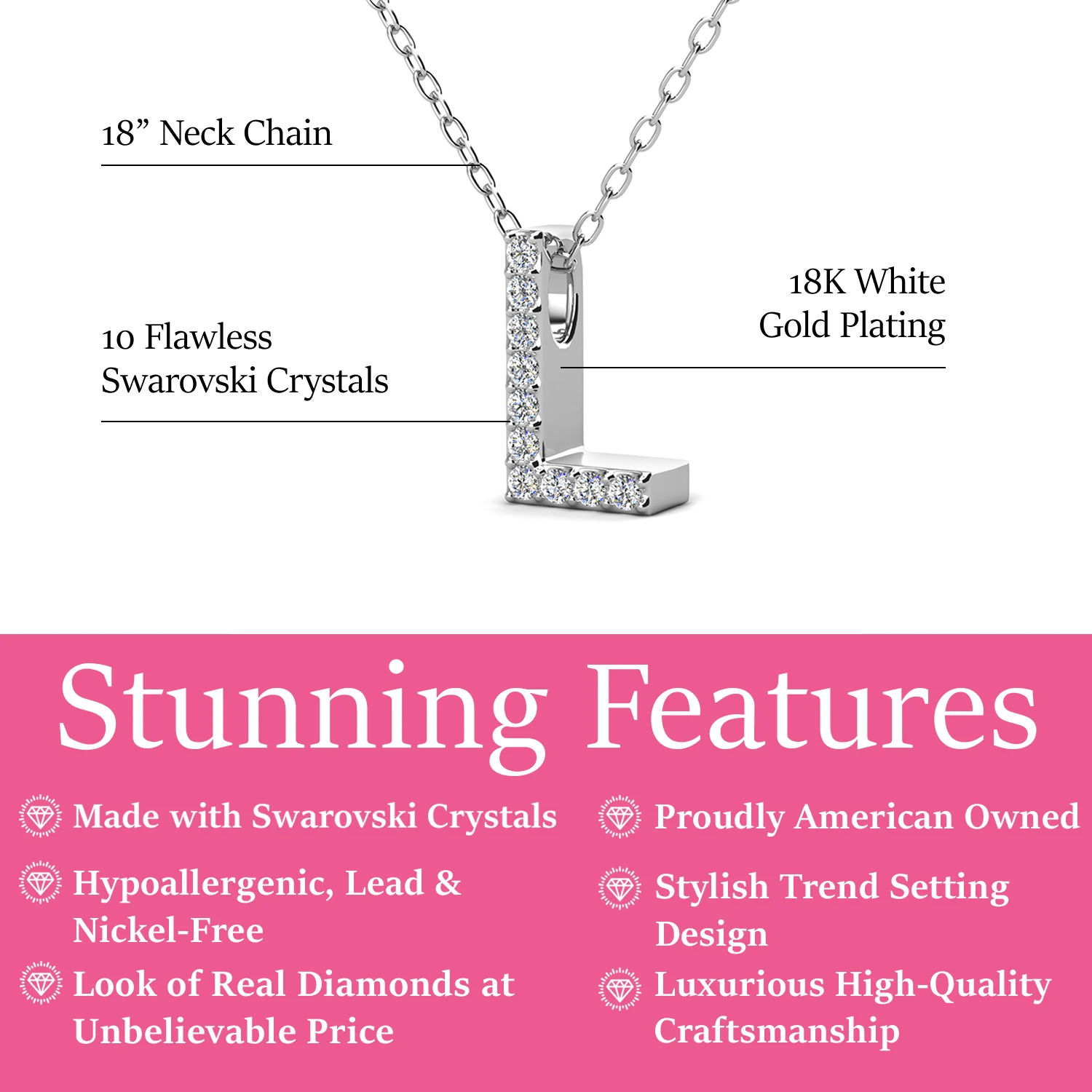 Ethereal Collection 18k White Gold Plated Initial Letter Pendant Necklace with Swarovski Crystals
