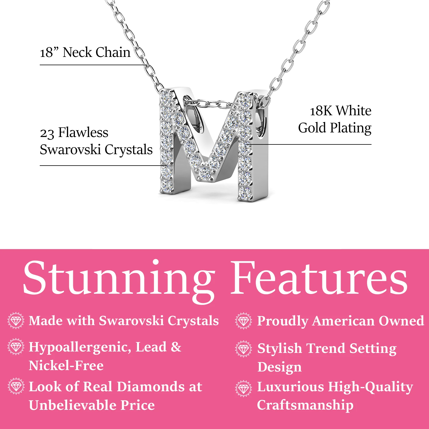 Ethereal Collection 18k White Gold Plated Initial Letter Pendant Necklace with Swarovski Crystals