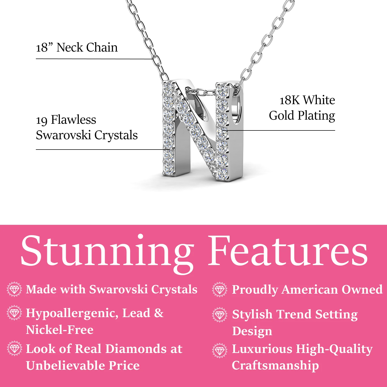 Ethereal Collection 18k White Gold Plated Initial Letter Pendant Necklace with Swarovski Crystals