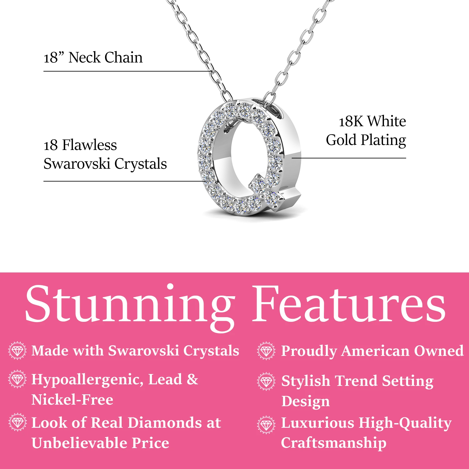 Ethereal Collection 18k White Gold Plated Initial Letter Pendant Necklace with Swarovski Crystals