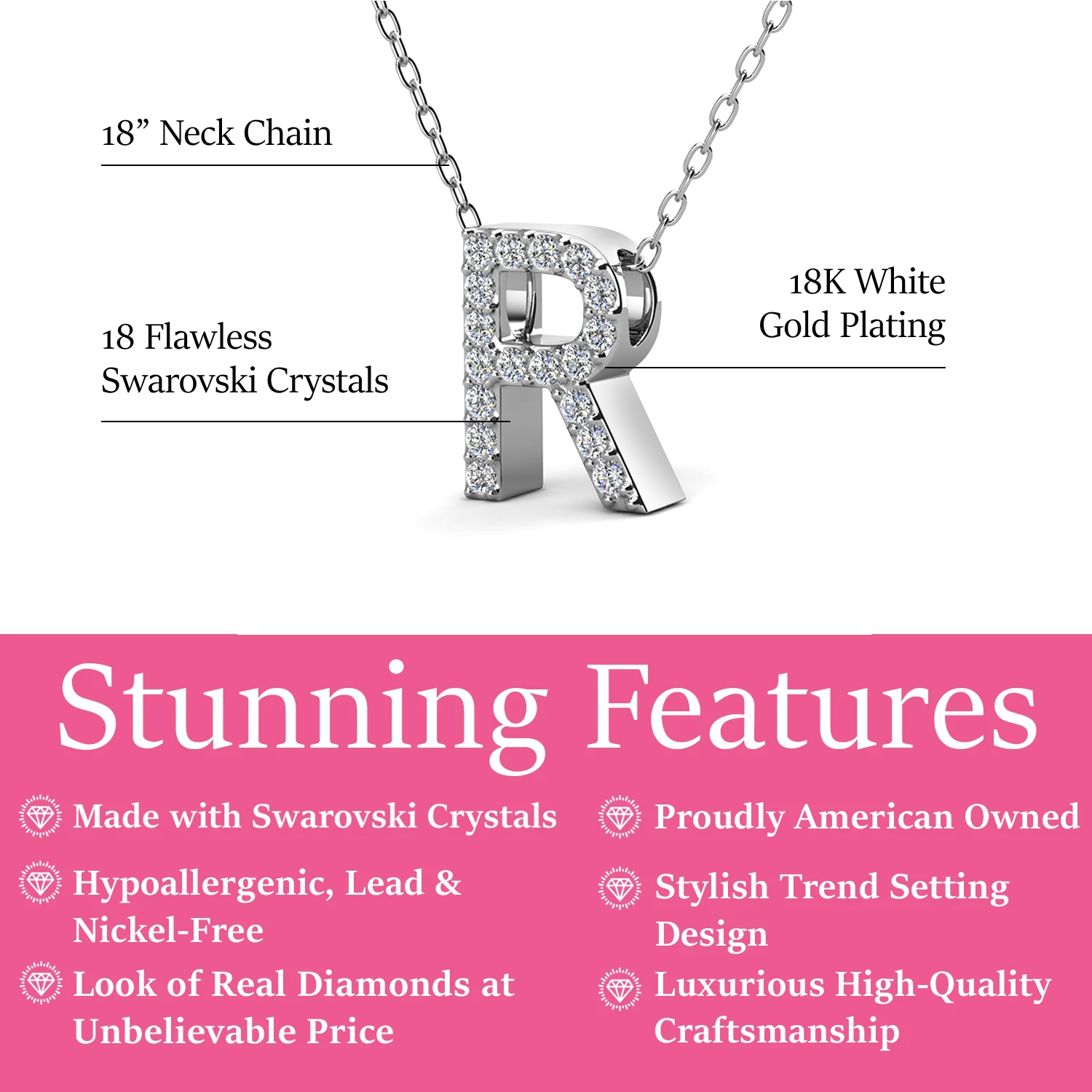 Ethereal Collection 18k White Gold Plated Initial Letter Pendant Necklace with Swarovski Crystals