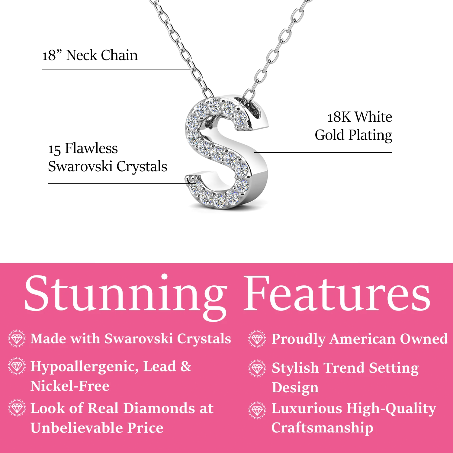 Ethereal Collection 18k White Gold Plated Initial Letter Pendant Necklace with Swarovski Crystals
