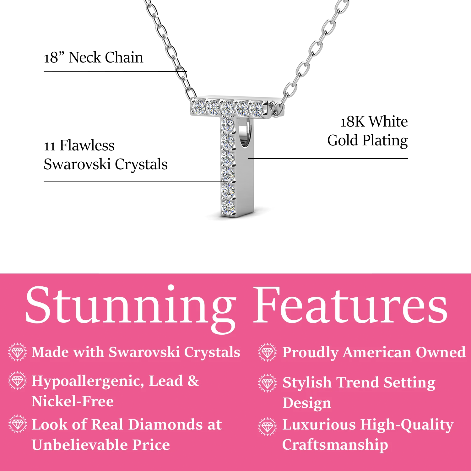 Ethereal Collection 18k White Gold Plated Initial Letter Pendant Necklace with Swarovski Crystals