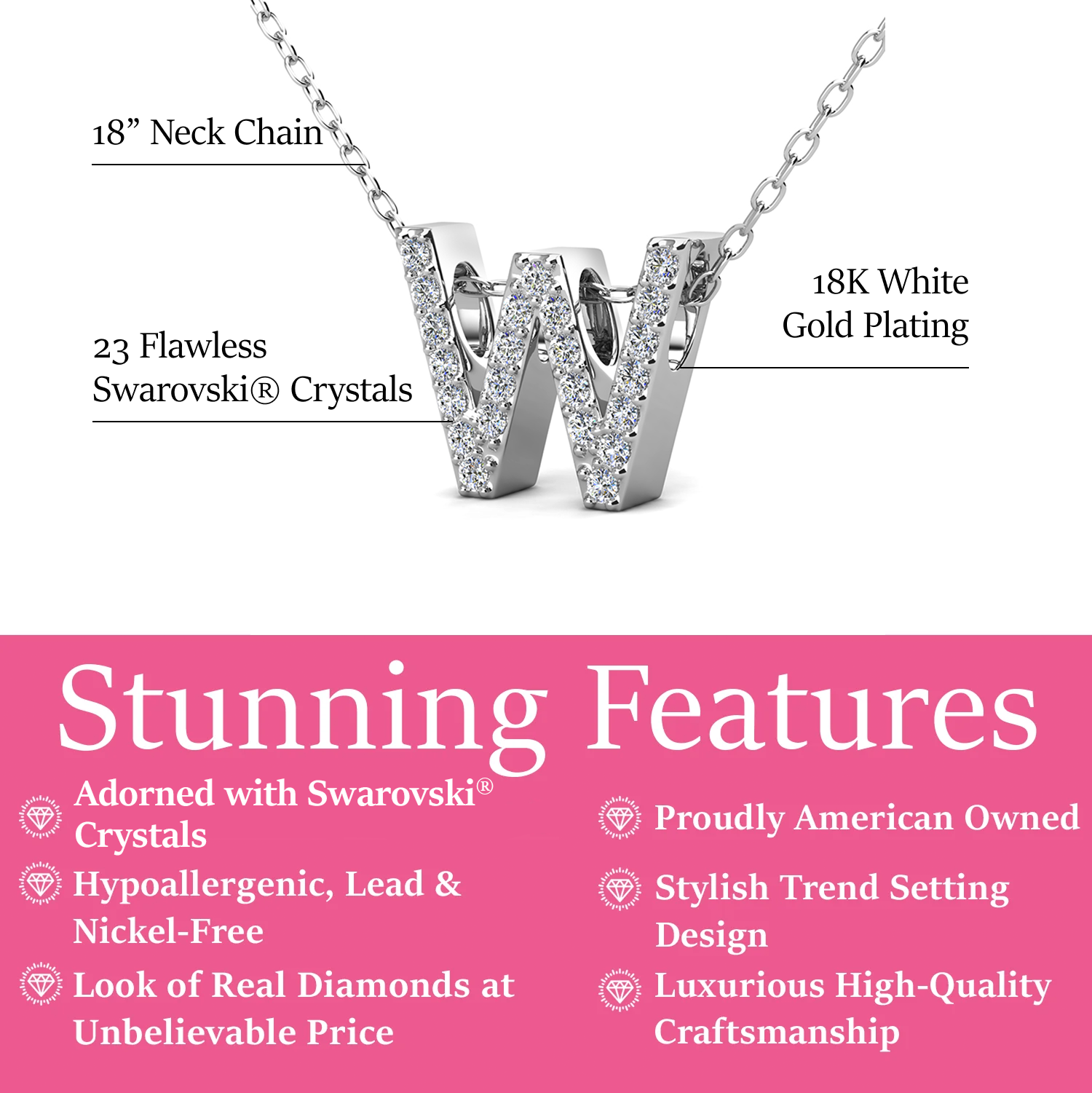 Ethereal Collection 18k White Gold Plated Initial Letter Pendant Necklace with Swarovski Crystals