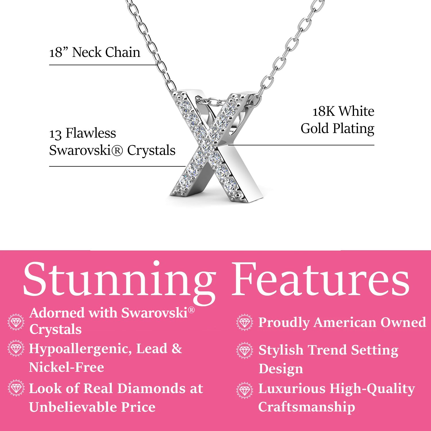 Ethereal Collection 18k White Gold Plated Initial Letter Pendant Necklace with Swarovski Crystals