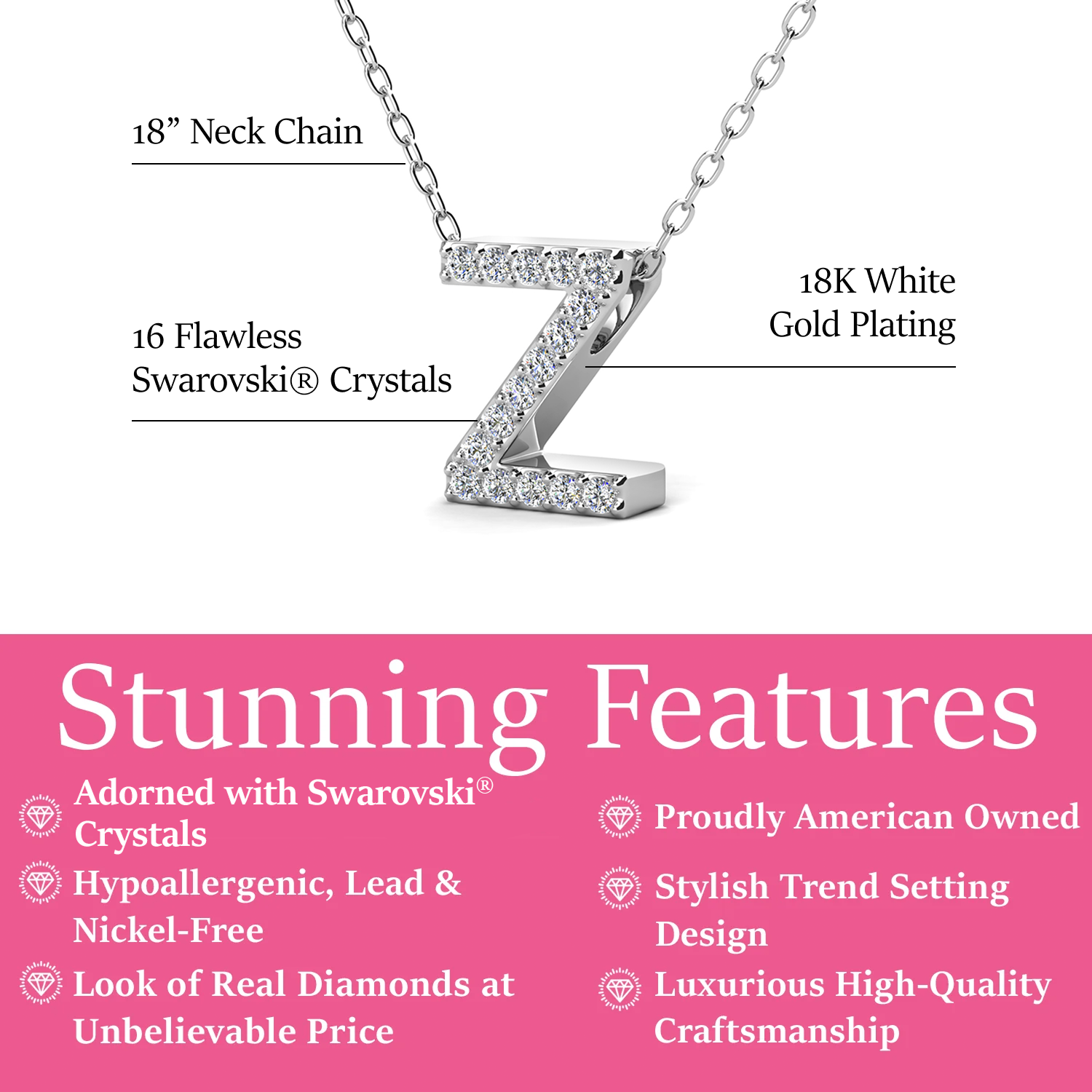 Ethereal Collection 18k White Gold Plated Initial Letter Pendant Necklace with Swarovski Crystals