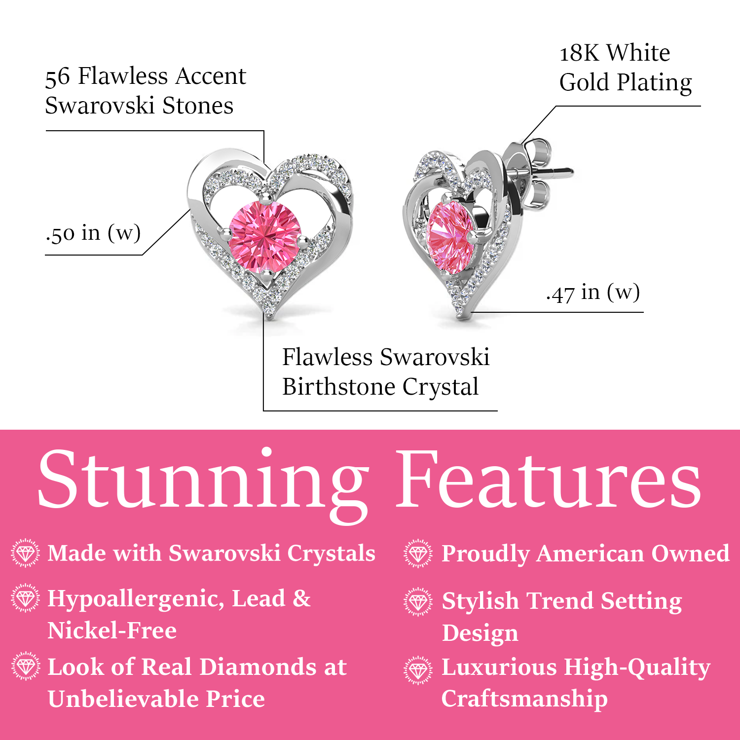 Forever 18k White Gold Plated Birthstone Double Heart Earrings with Crystals