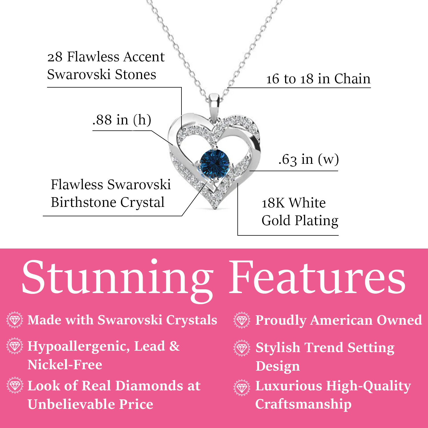 Forever December Birthstone 18k White Gold Plated Silver Double Heart Blue Topaz Necklace with Swarovski Crystals