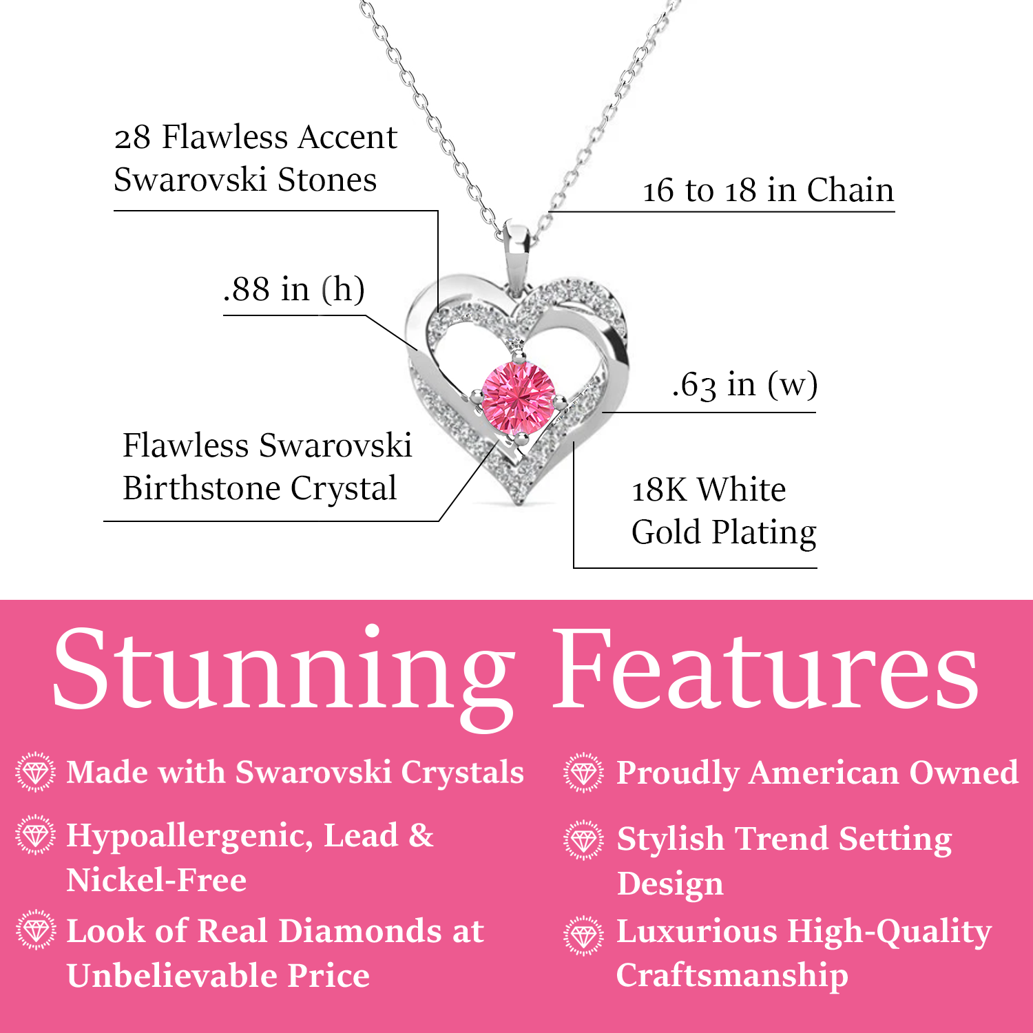 Forever October Birthstone 18k White Gold Plated Silver Double Heart Pink Tourmaline Necklace with Swarovski Crystals