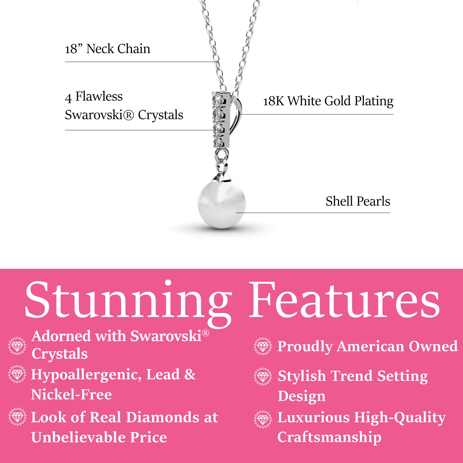 Gabrielle 18k White Gold Pearl Drop Pendant Necklace with Swarovski Crystals
