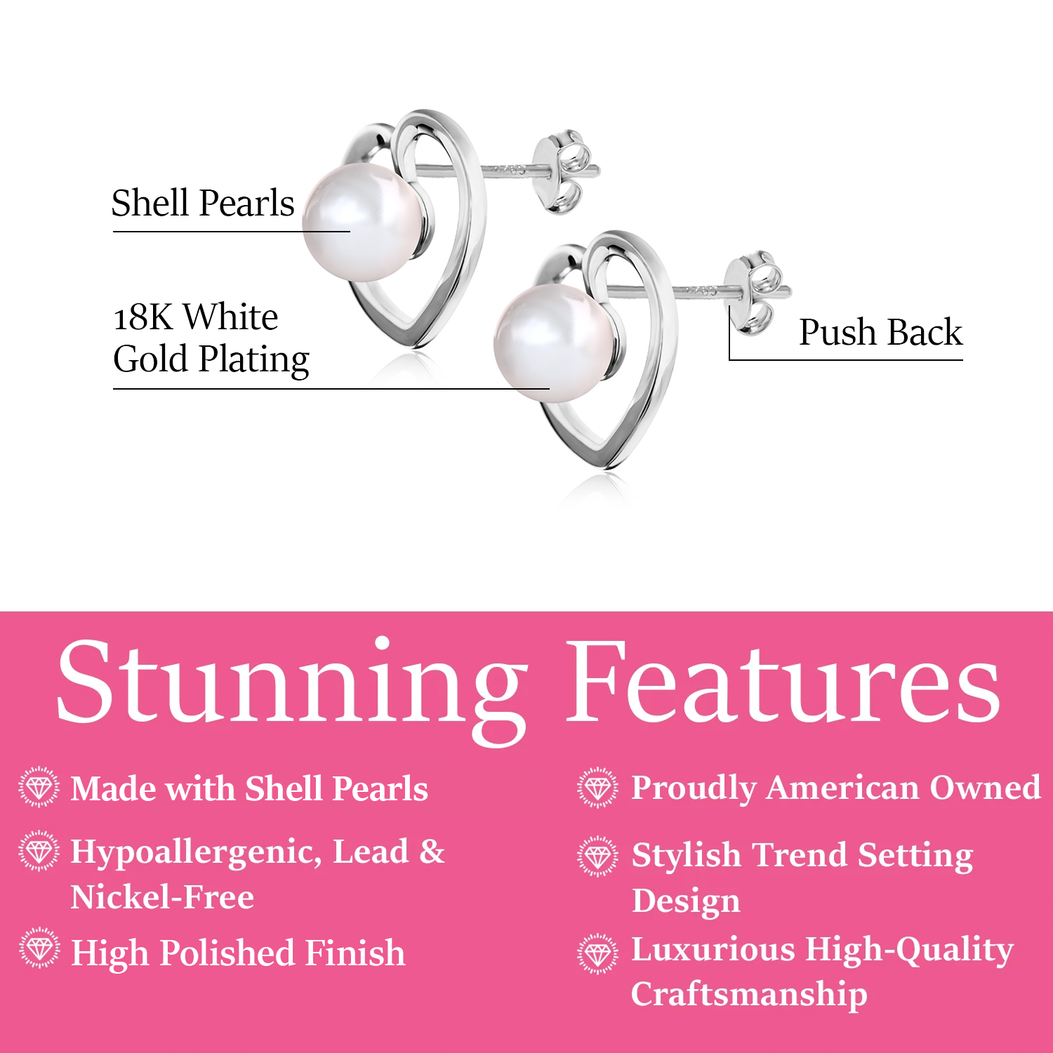 Harley 18k White Gold Plated Heart Stud Earrings with Shell Pearls