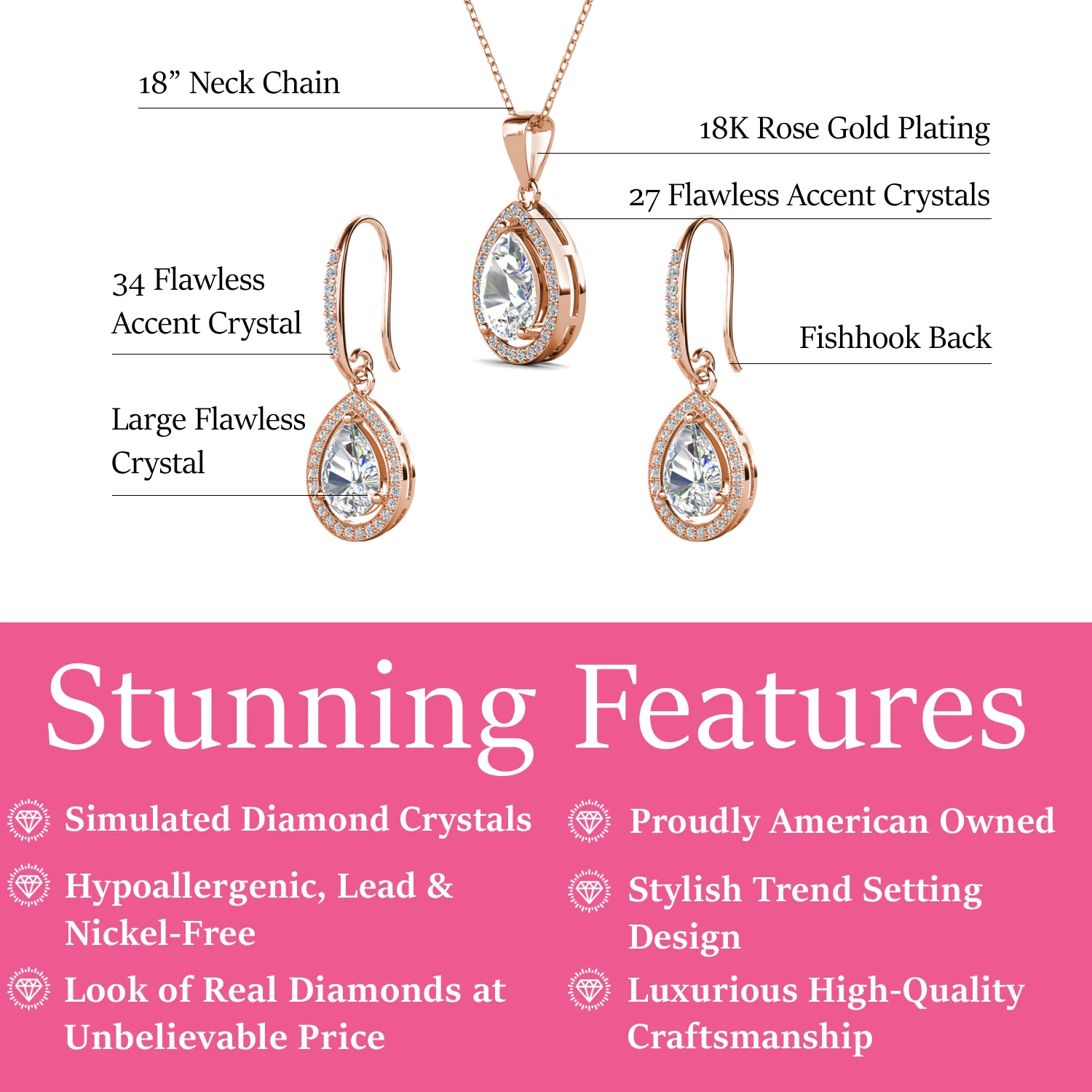 Isabel 18k White Gold Plated Drop Earrings and Necklace Jewelry Set with Simulated Diamond Crystals