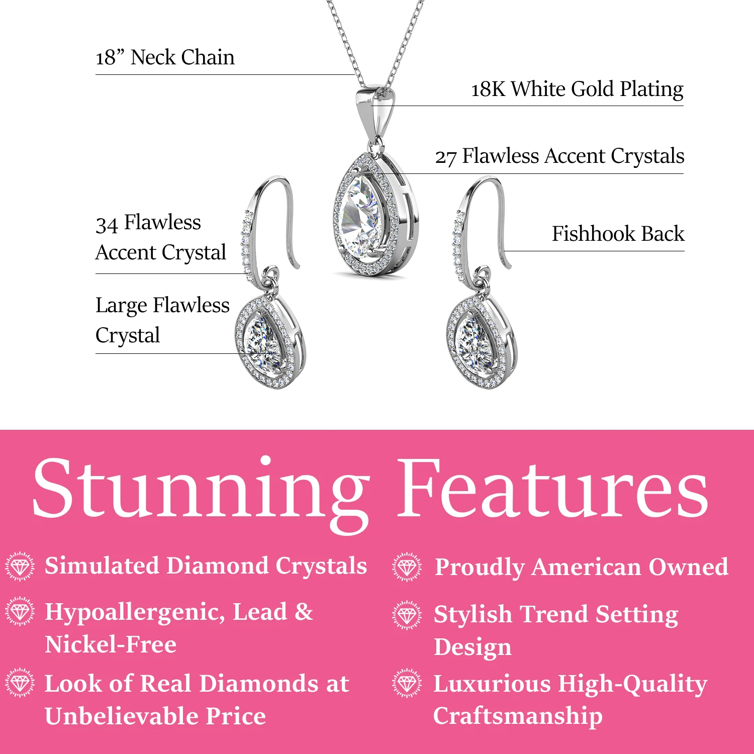 Isabel 18k White Gold Plated Drop Earrings and Necklace Jewelry Set with Simulated Diamond Crystals