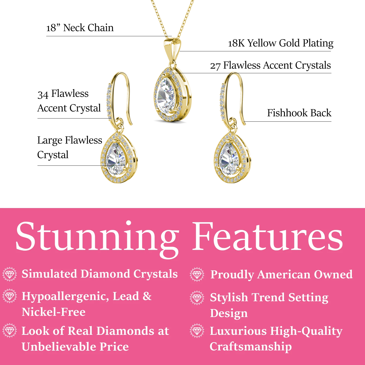 Isabel 18k White Gold Plated Drop Earrings and Necklace Jewelry Set with Simulated Diamond Crystals