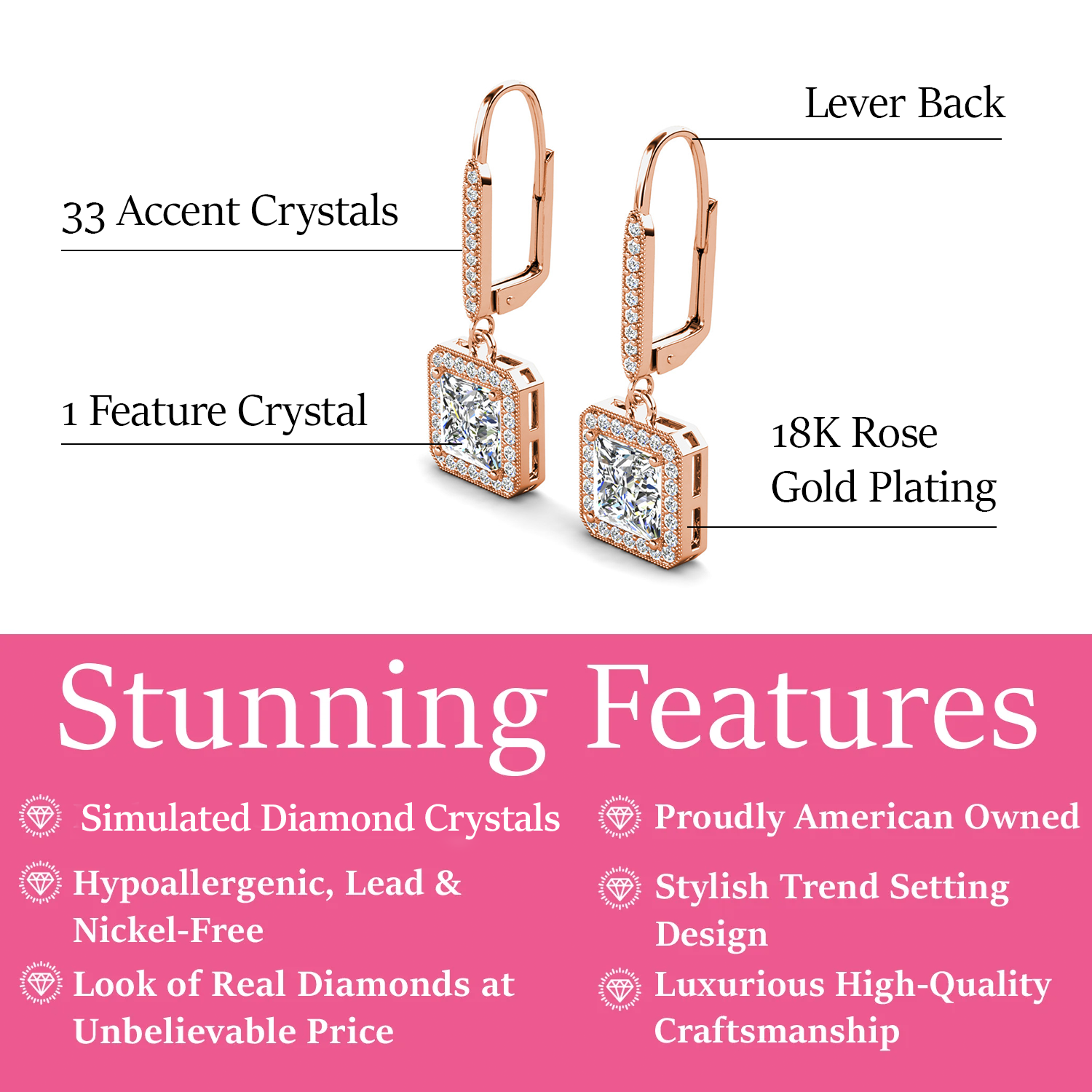 Ivy 18k White Gold Plated Halo Dangle Earrings with Princess Cut Simulated Diamond Crystals