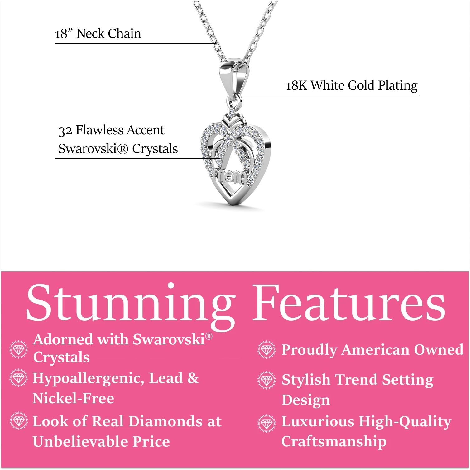 Jenna 18k White Gold Plated Mom Heart Necklace with Simulated Diamond Crystals