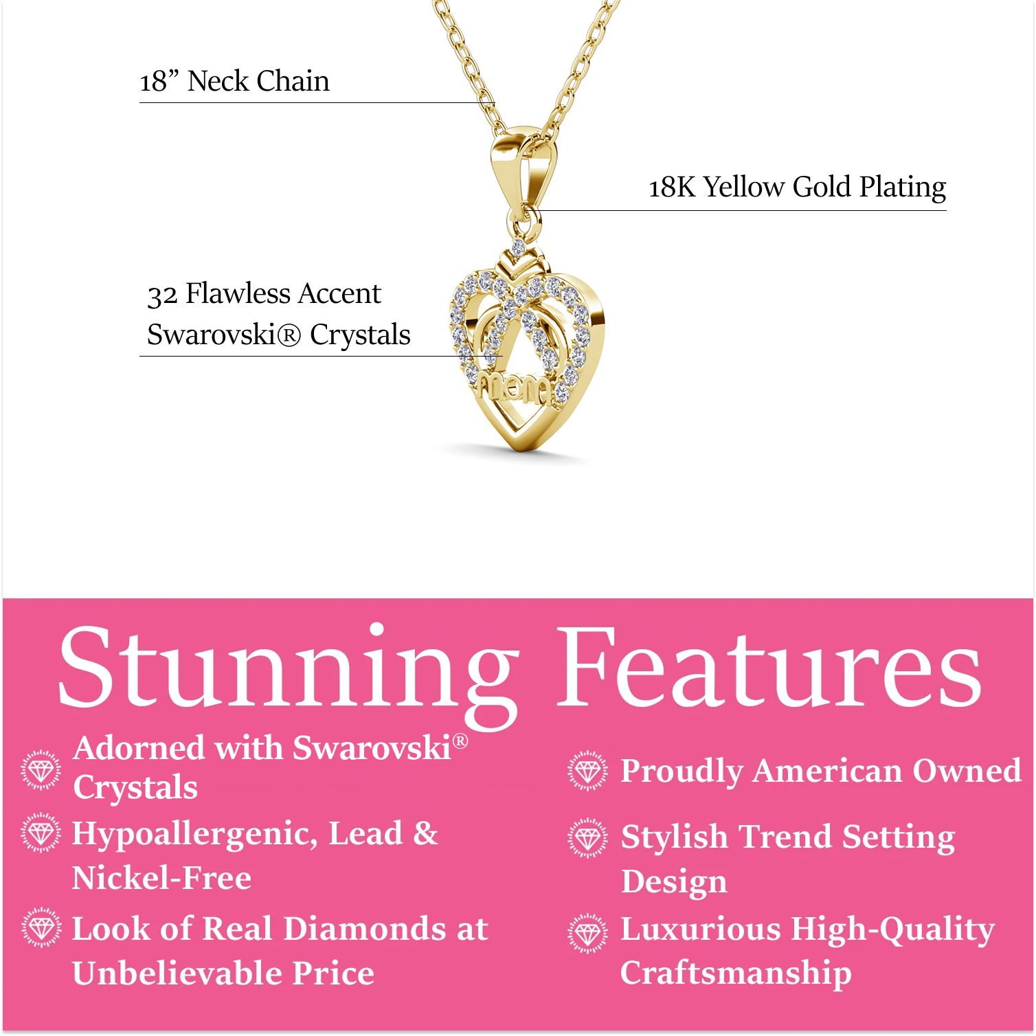 Jenna 18k White Gold Plated Mom Heart Necklace with Simulated Diamond Crystals