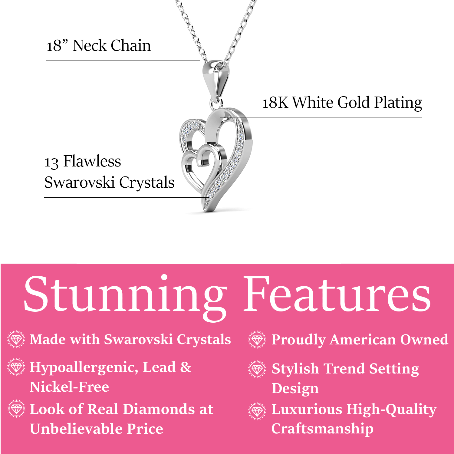 Jennifer 18k White Gold Plated Double Heart Necklace with Swarovski Crystals