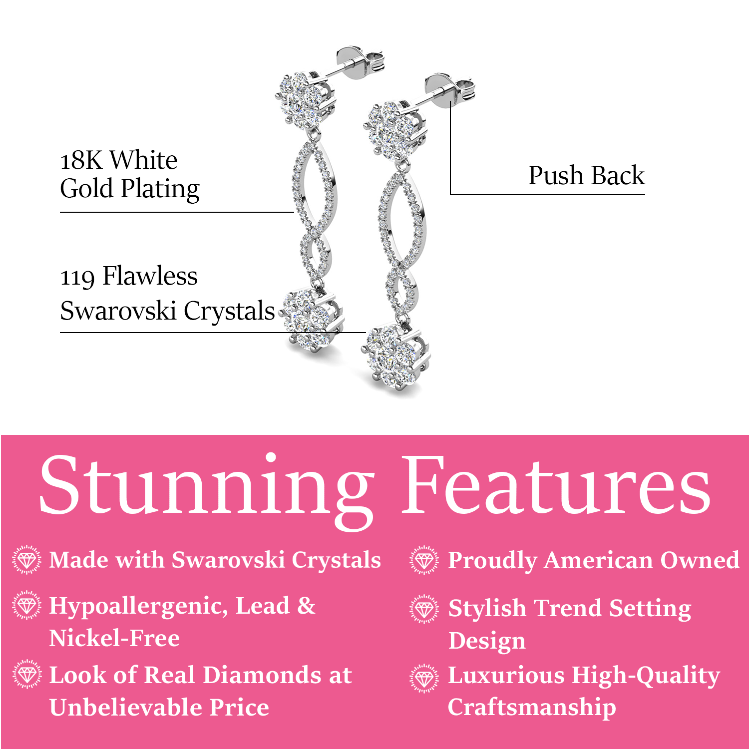 Jessica 18k White Gold Plated Dangle Earrings with Swarovski Crystals
